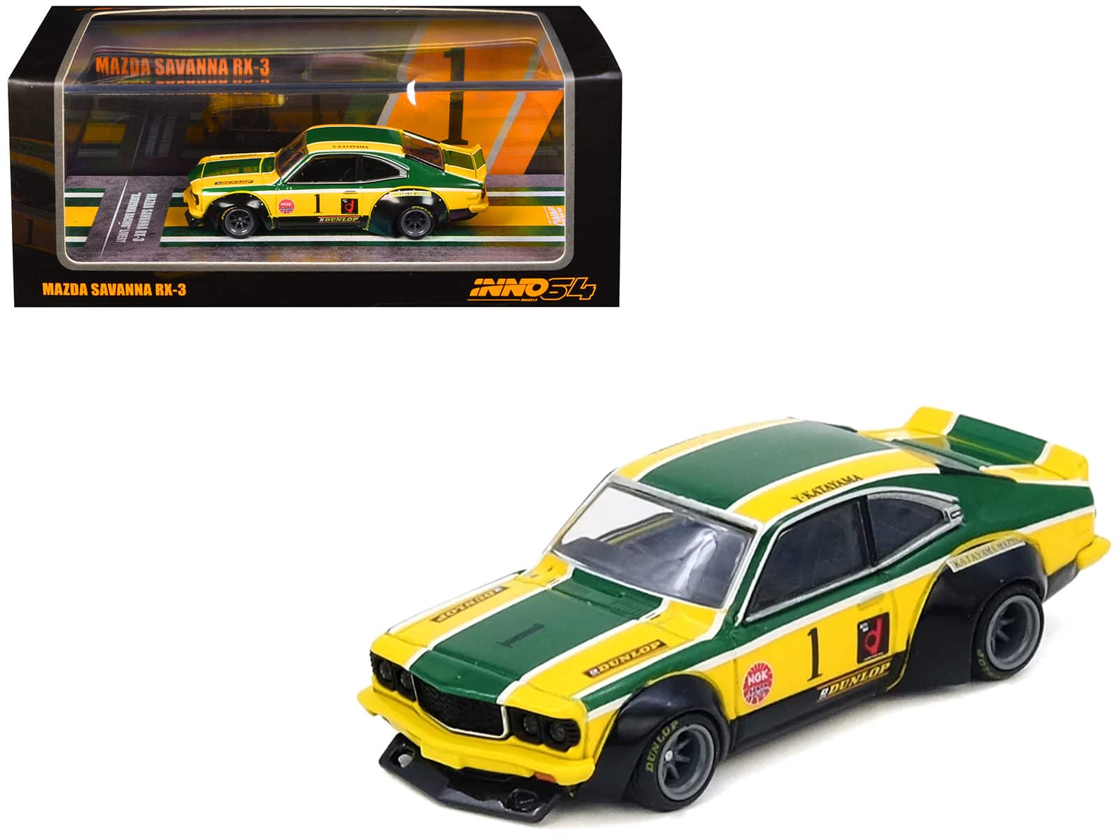 "Mazda RX-3 Savanna RHD #1 ""Katayama Racing Livery"" Green and Yellow Striped 1/64 Diecast Model Car by Inno Models" price history on PriceWatchPro