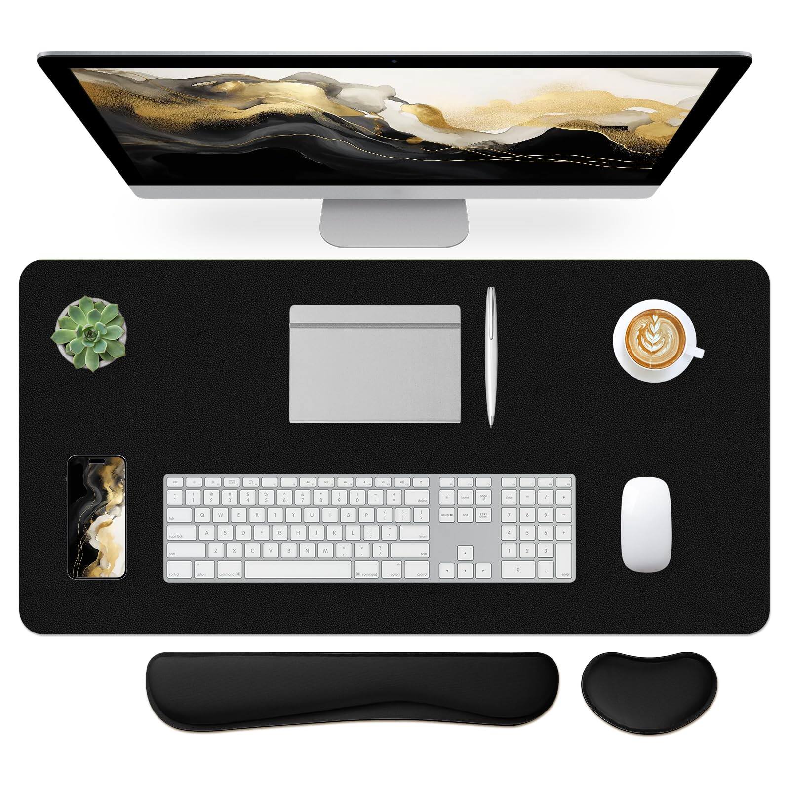 Front. Comfort Essence - Leather Desk Pad And Wrist Rest Large Mouse Padmouse Support Non-slip Mat Protector For Office Home31.515.7 - Black-wrist Rest-15.7" x 31.5".