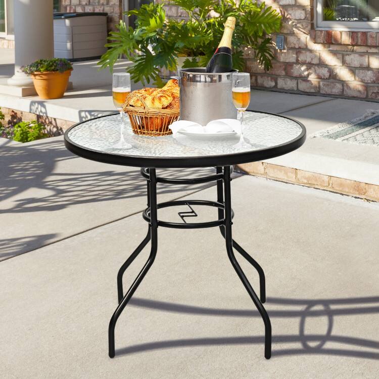 Alt View 2. Mondawe - 32in Round Tempered Glass Patio Table w/ Umbrella Hole, Outdoor Steel Frame Side Table for Deck - Black.