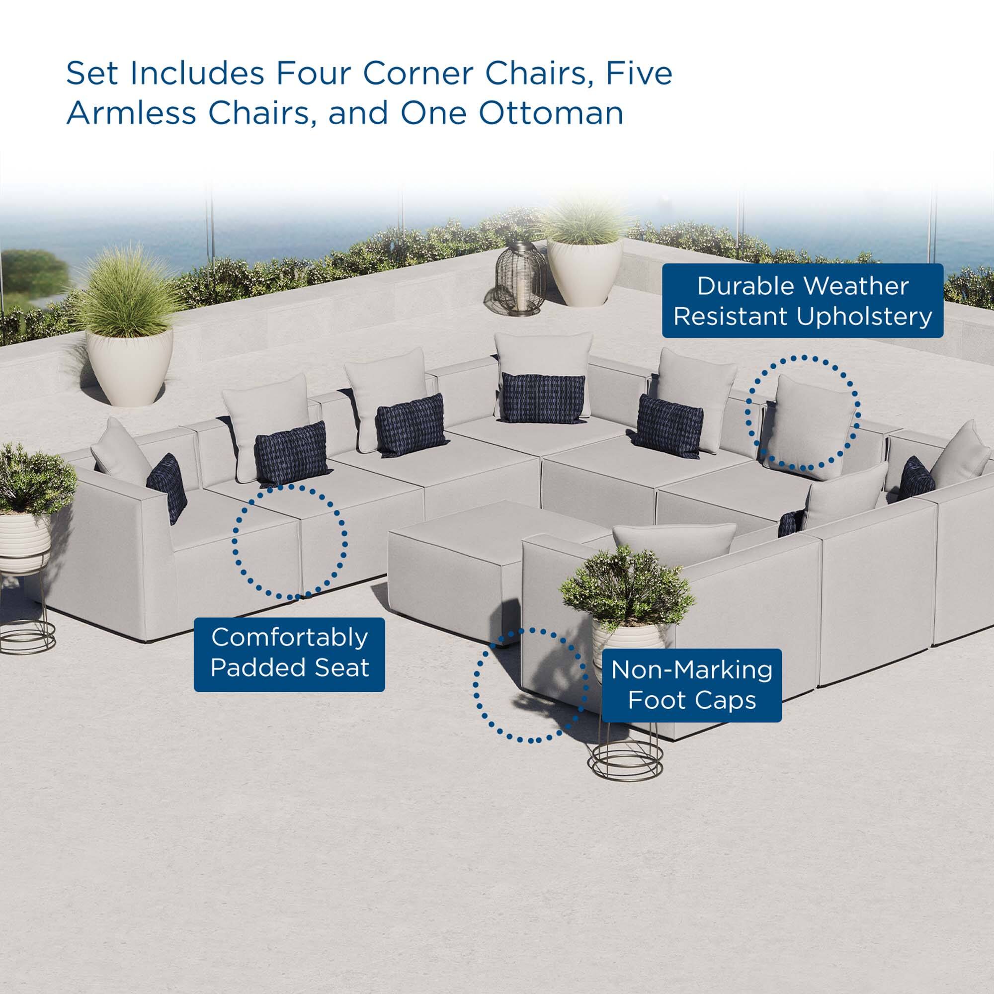 Set Includes Four Corner Chairs, Five Armless Chairs, and One Ottoman  
Durable Weather Resistant Upholstery  
Comfortably Padded Seat  
Non-Marking Foot Caps