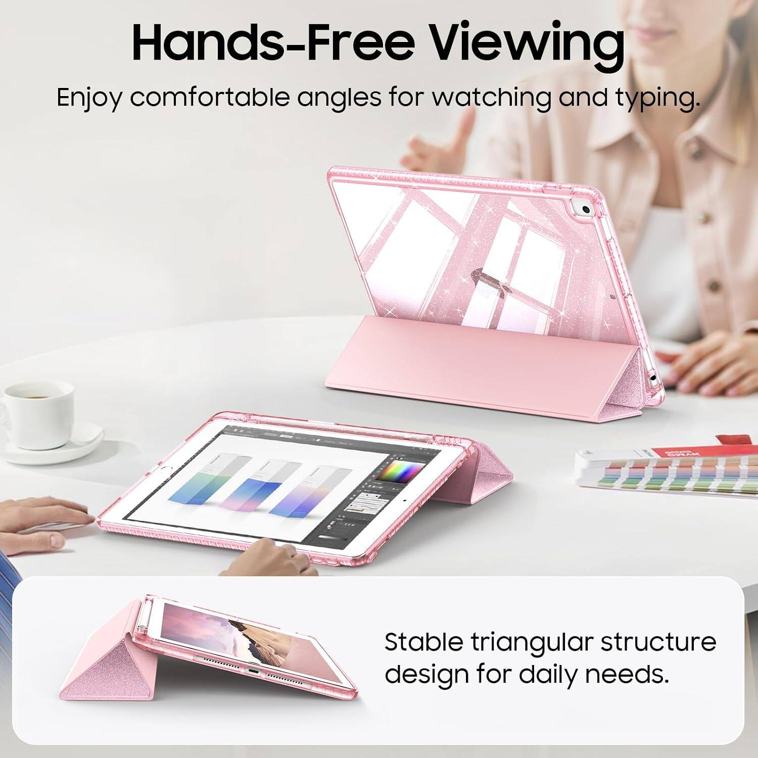 Hands-Free Viewing  
Enjoy comfortable angles for watching and typing.  

MANG  
Stable triangular structure design for daily needs.