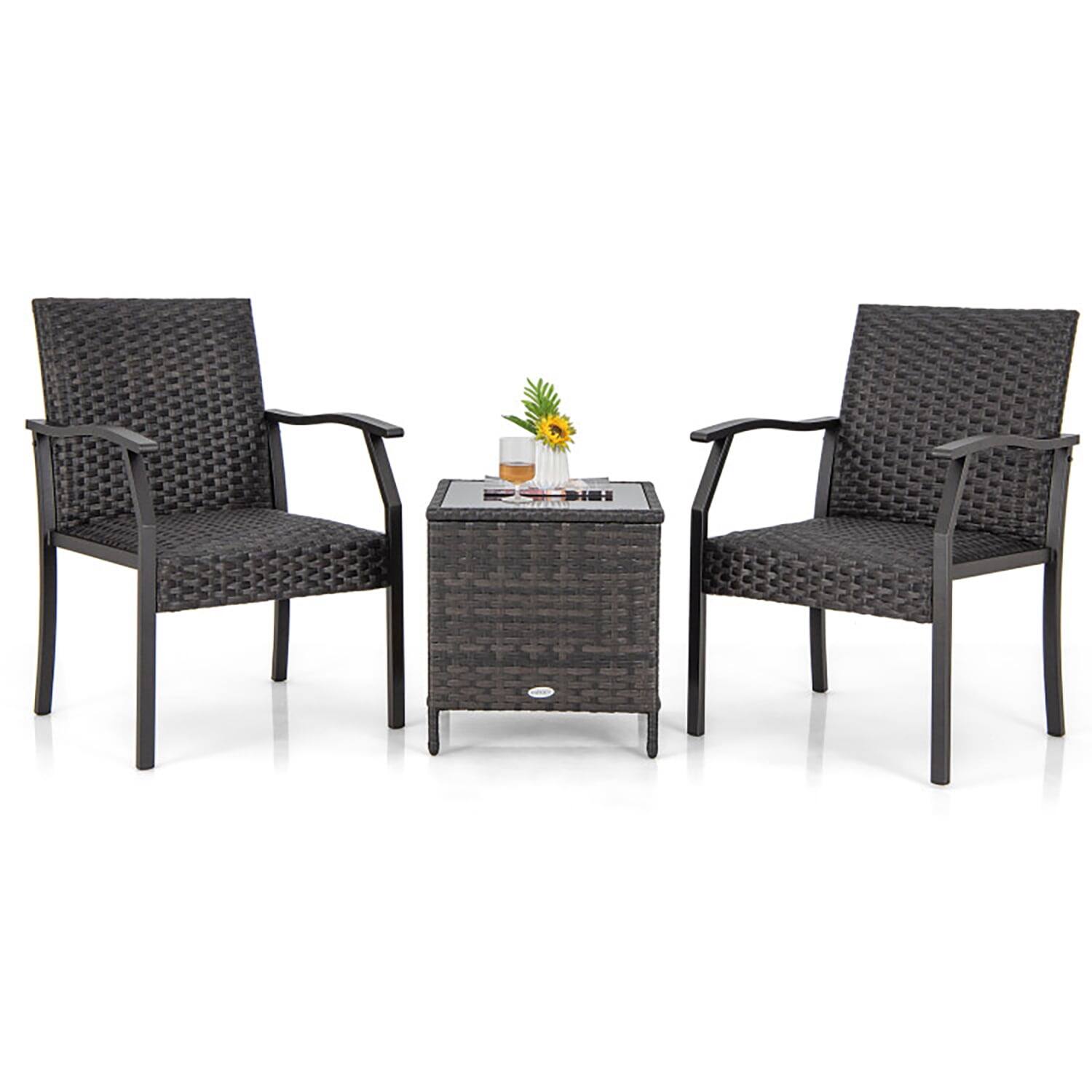 Left. Kadyn - 3 Piece Patio Wicker Chair Set, Small Patio Conversation Furniture Set with Quick Dry Foam Cushions - Brown.