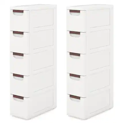 Front. Gymax - Gymax 2PCS 5-Drawer Narrow Rolling Storage Cabinet w/ Pull Handles Built-in Wheels - White.