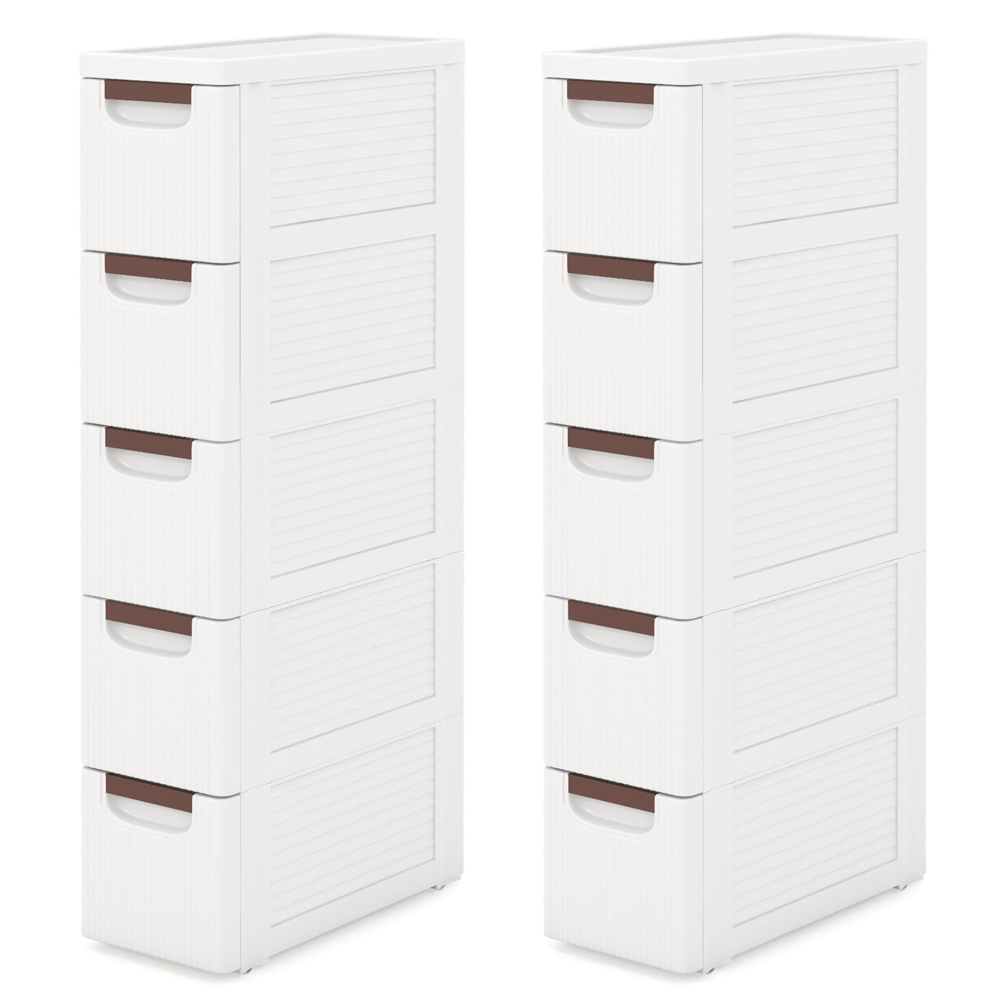 Front. Gymax - Gymax 2PCS 5-Drawer Narrow Rolling Storage Cabinet w/ Pull Handles Built-in Wheels - White.