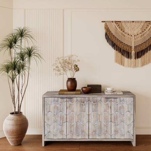 Left. LUCKY ONE - Freestanding Farmhouse Accent Cabinet with 4 Doors Adjustable Shelves for Living Room Entryway - Natural Wood Wash.