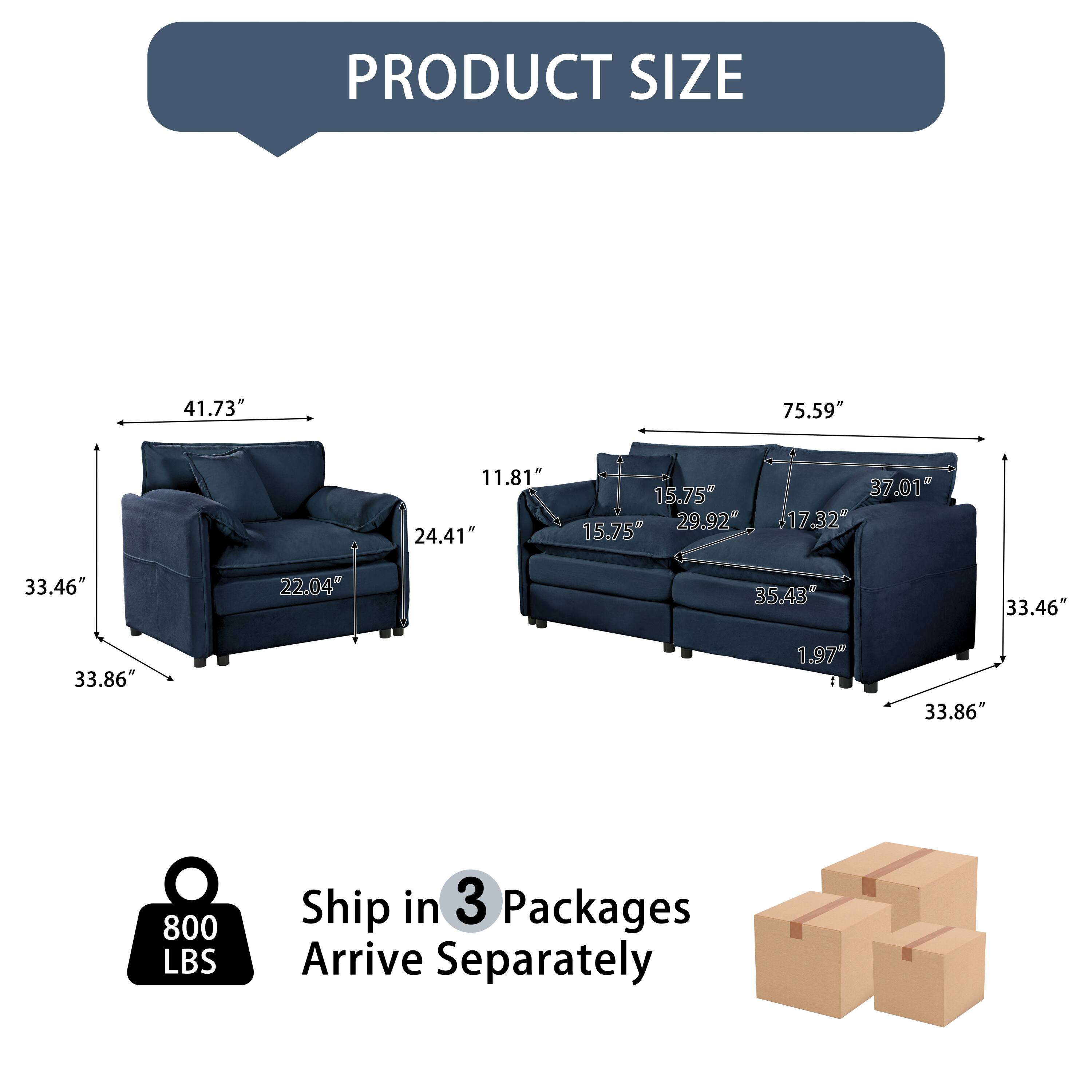 PRODUCT SIZE  
41.73" 75.59" 11.81" 24.41" 15.75" 15.75" 29.92" 37.01" 17.32" 33.46" 22.04" 35.43" 33.46" 33.86" 1.97" 33.86"  

800 LBS  
Ship in 3 Packages  
Arrive Separately