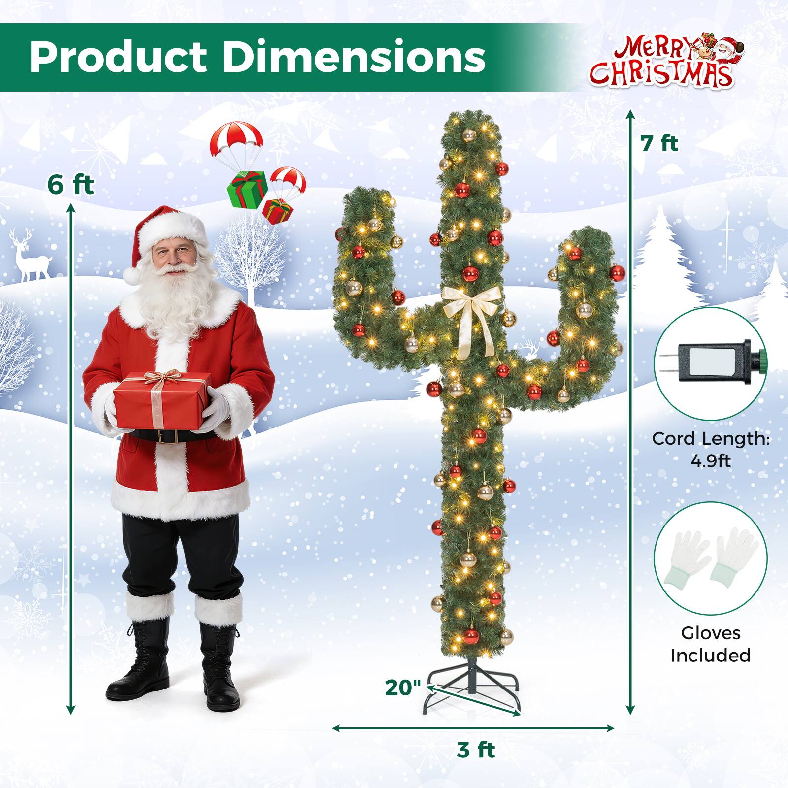 Gymax 7 FT Pre Lit Cactus Christmas Tree w/ 160 Warm White LED Lights ...