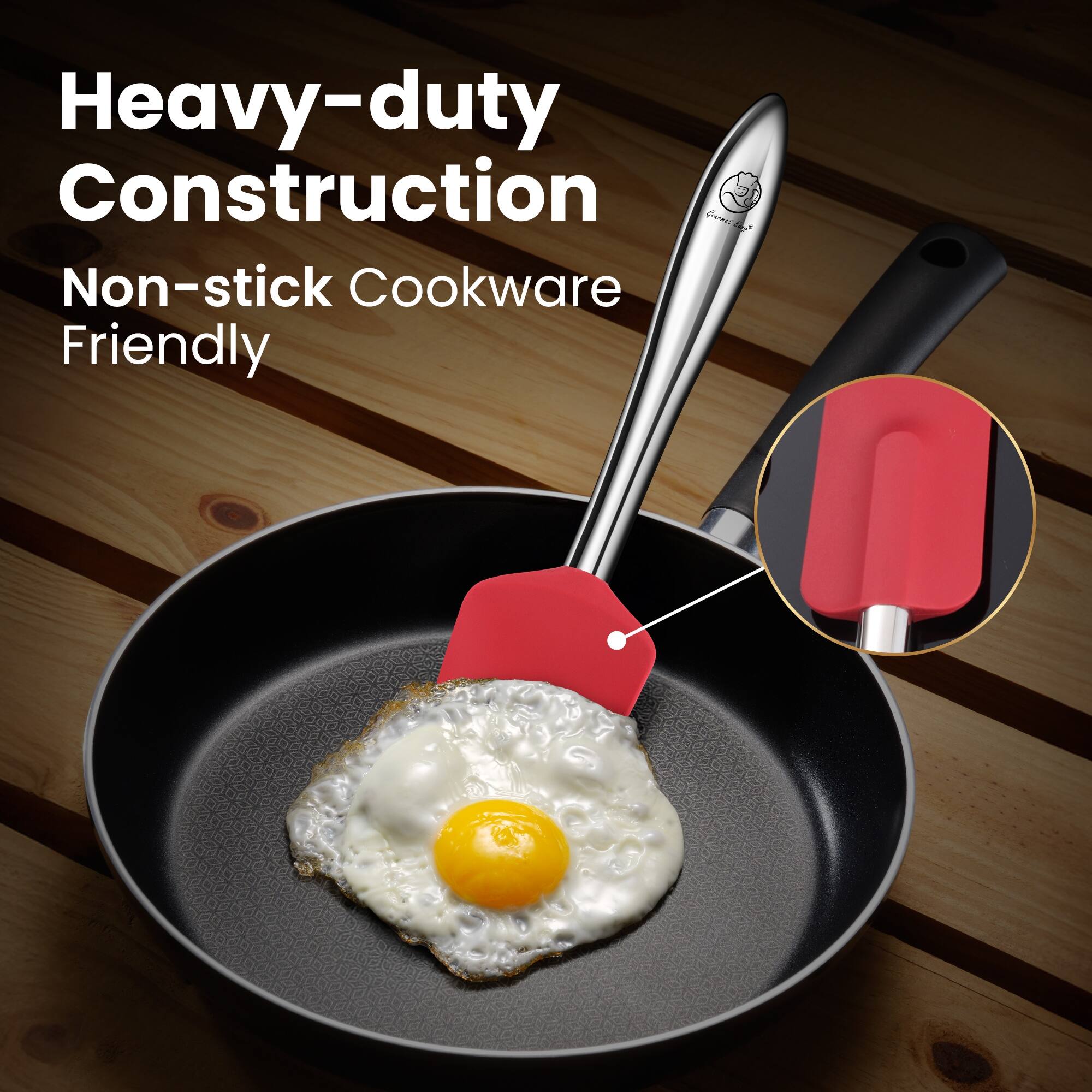 Back. Gourmet Easy - 5pcs Silicone Spatula Set with Stainless Steel Handle, Spatulas for Cooking & Baking with Spoonula & Brush - Red.