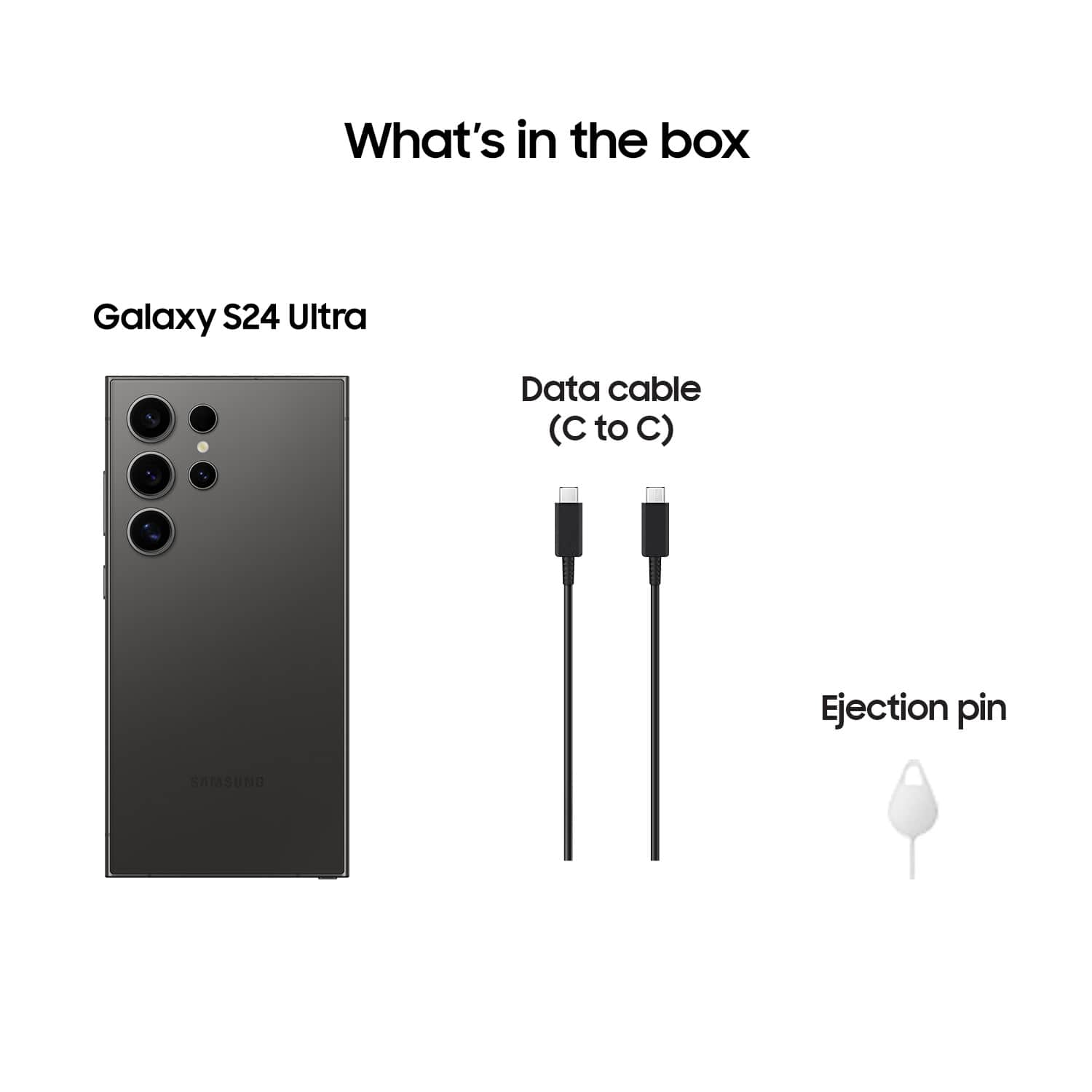 The image features a Samsung Galaxy S24 Ultra smartphone, which is a new model of the Galaxy S series. The phone is displayed in a box, along with a data cable and an ejection pin. The data cable is a C to C type, which is used for charging and data transfer. The ejection pin is a small tool that can be used to remove the SIM card from the phone. The box also contains a charger, which is essential for charging the phone. Overall, the image showcases the contents of the box for the Galaxy S24 Ultra smartphone.