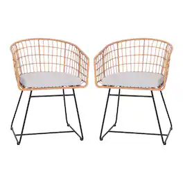 Emma + Oliver - Ari Set of Two All-Weather Faux Rattan Rope Chairs with Padded Cushions for Indoor and Outdoor Use - Light Gray Cushion/Natural Frame