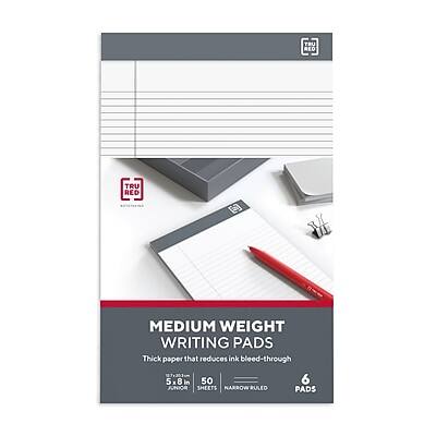TRU RED  
MEDIUM WEIGHT WRITING PADS  
Thick paper that reduces ink bleed-through  
5x8 in  
50 SHEETS  
NARROW RULED  
6 PADS