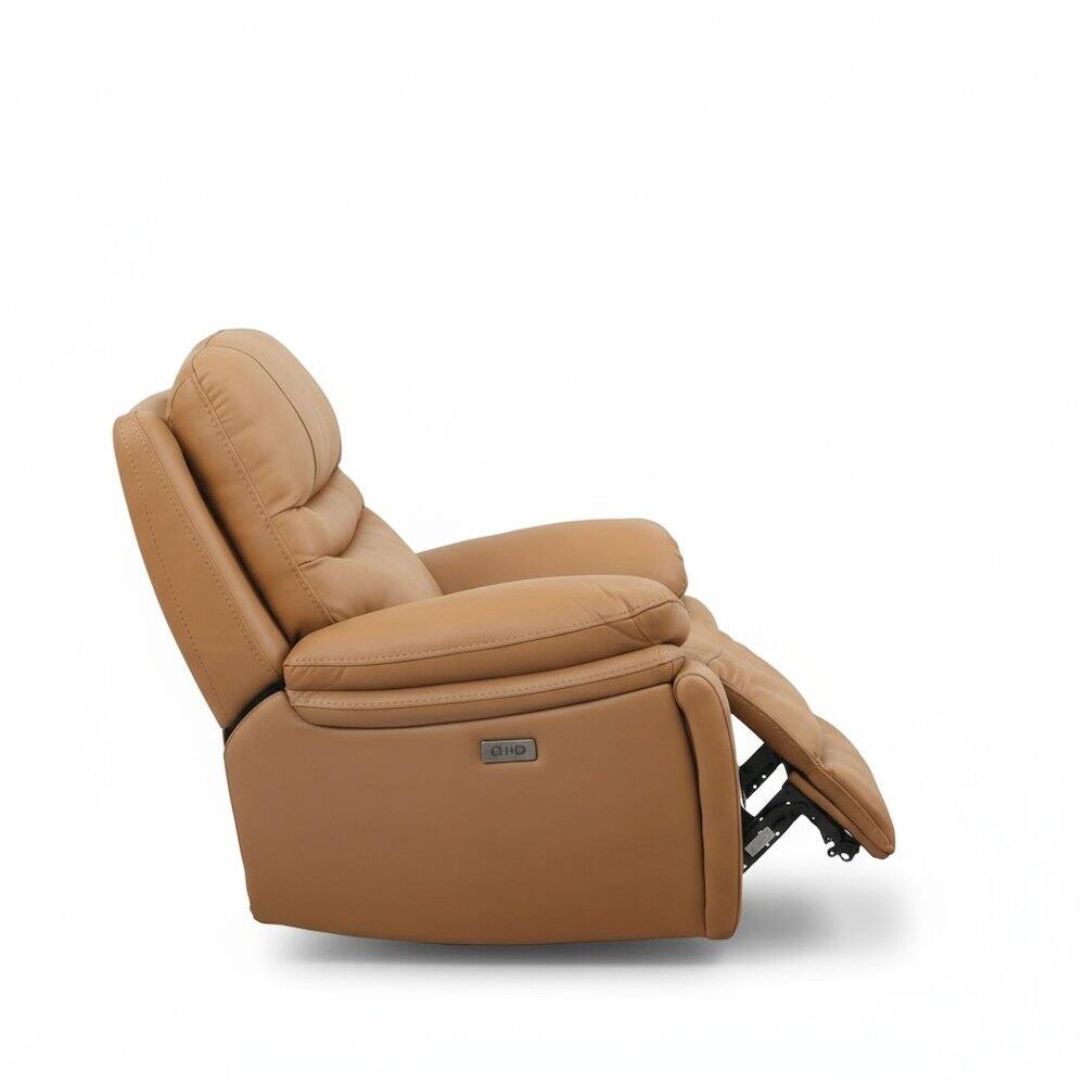 Left. Heartland Furniture - Leather Power Recliner Chair, Top Grain Upholstery, USB & USB-C, 360 lb Support - Brown.