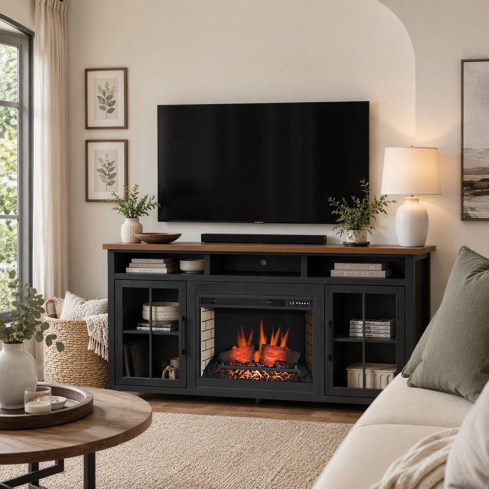 Back. RYHNUYNE - 74 Inch Farmhouse Fireplace TV Stand, Fits Up To 85 Inch TVs For Living Room Media Storage Warm Ambience - Black.