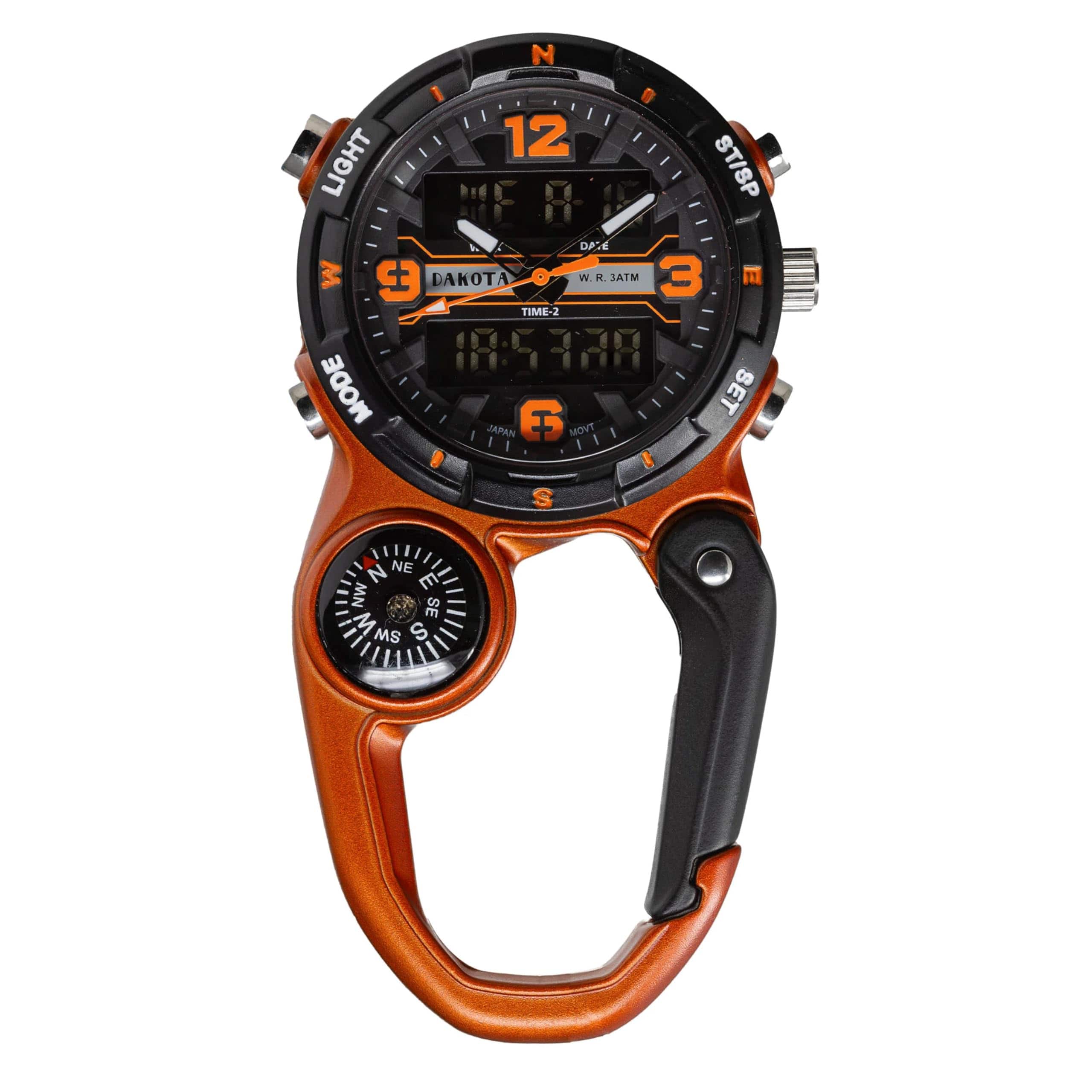 Dakota - Analog & Digital Clip Travel Watch, Alarm, Stopwatch, Timer and Dual Time, Clip On Watch - Orange