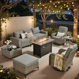 Ovios - 9 PCS Patio Furniture with Fire Pit, Sectional Sofa with Rattan Swivel Chairs, Ottoman & Coffee Table - Dark Gray