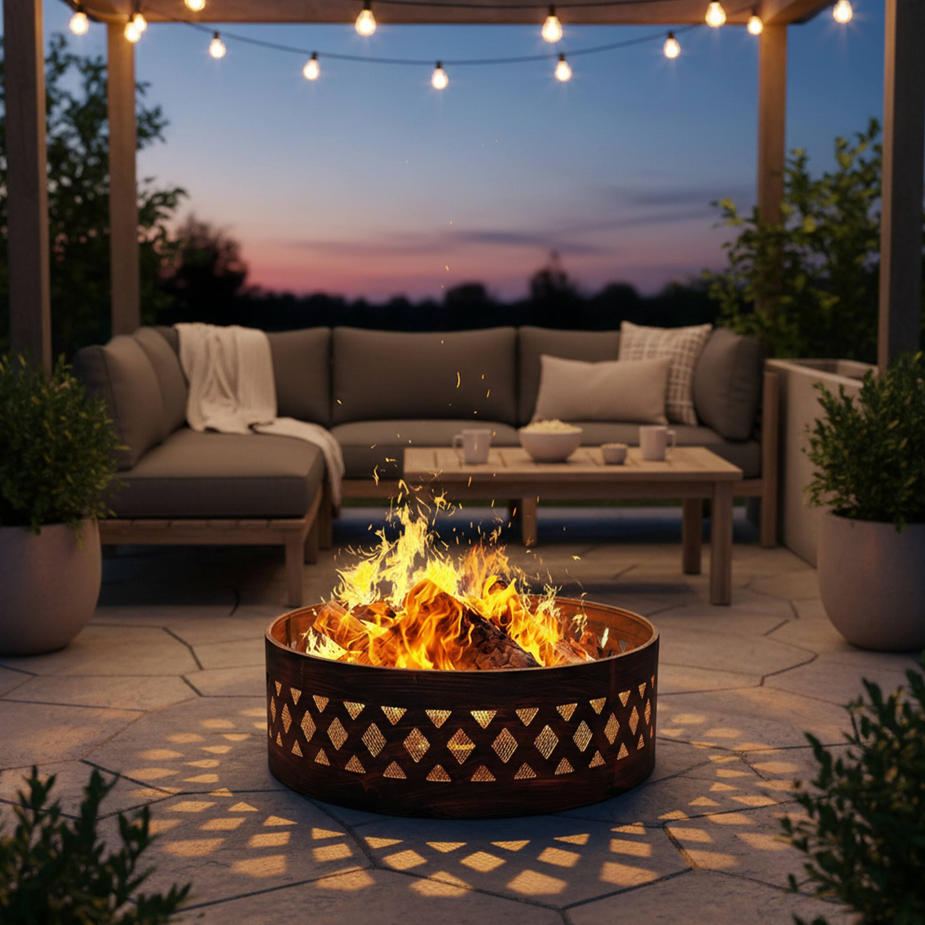 Alt View 8. Sunnydaze - 36 in Crossweave Steel Wood Burning Fire Pit Ring with Poker - Bronze.