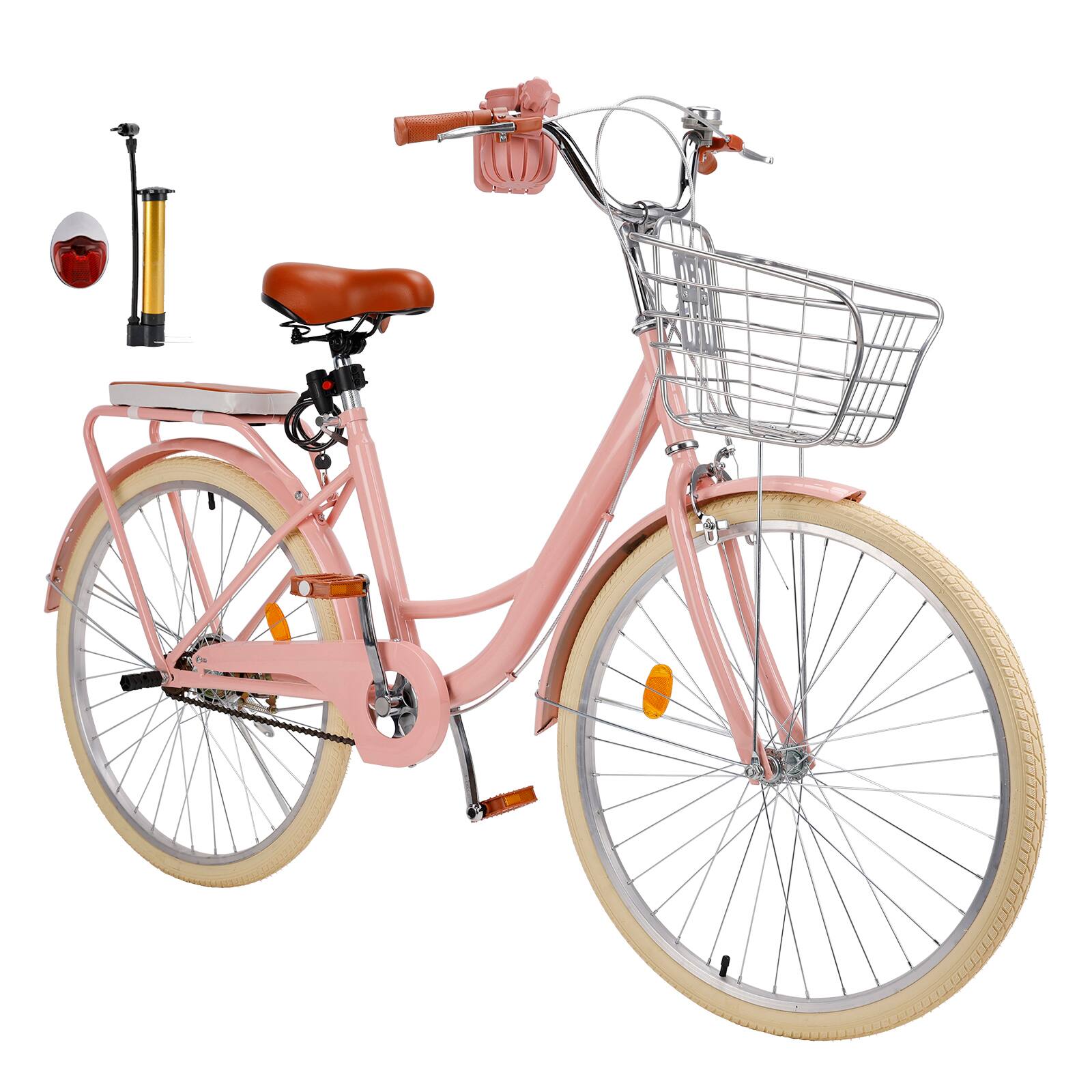Angle. Topteng - 26" Beach Cruiser Bike for Men/Women with Cup Holder, High Carbon Steel Frame, Dual Brakes, Rear Rack and Basket, Pink - Pink.