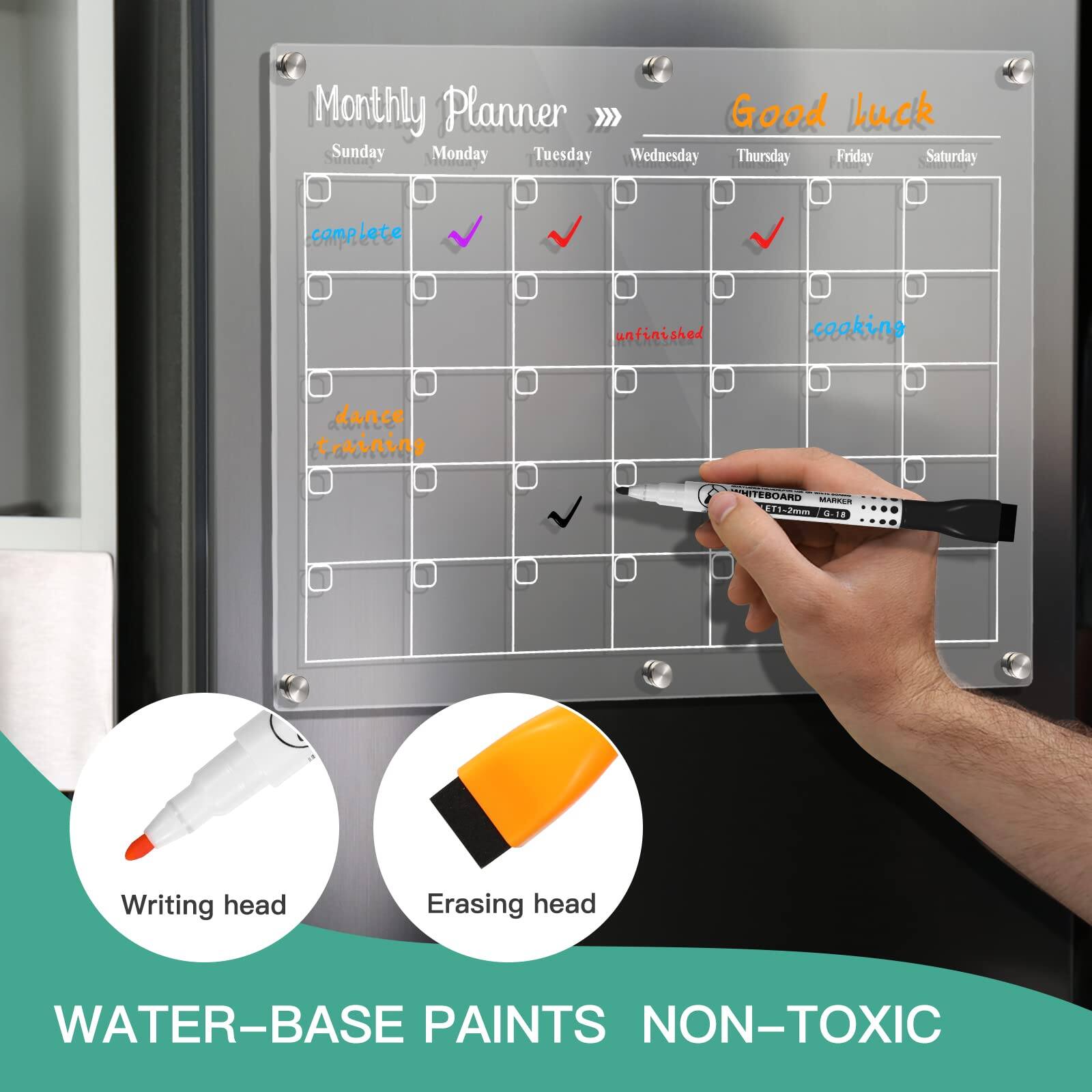 Monthly Planner  
Good luck  

Sunday Monday Tuesday Wednesday Thursday Friday Saturday  

complete  
finished  
dance training  
cooking  

Writing head  
Erasing head  

WATER-BASE PAINTS NON-TOXIC