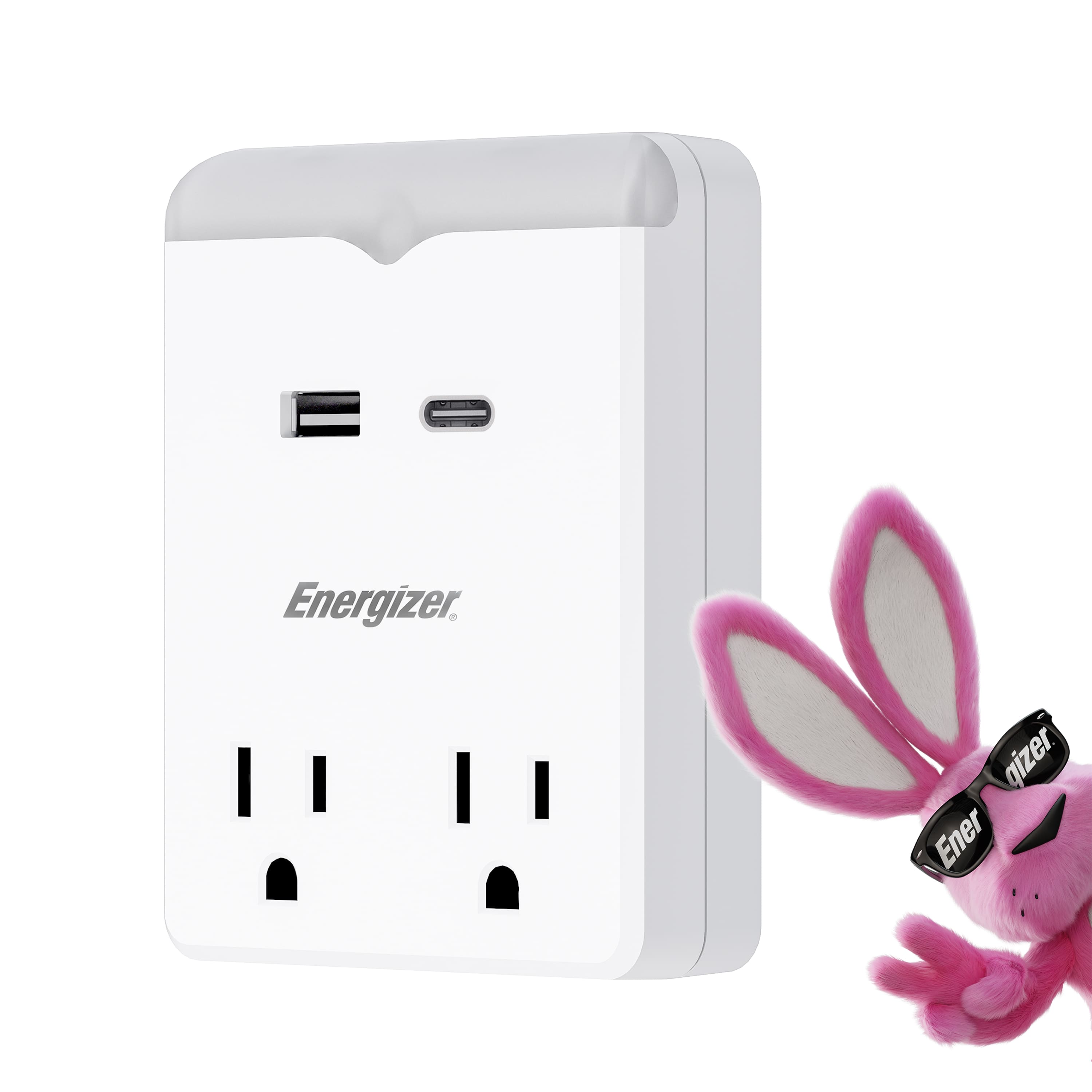 Energizer - Wall Outlet Extender with Nightlight – 2 AC Outlets, USB-C & USB-A (2.4A) Ports, Grounded Power Strip Adapter - White