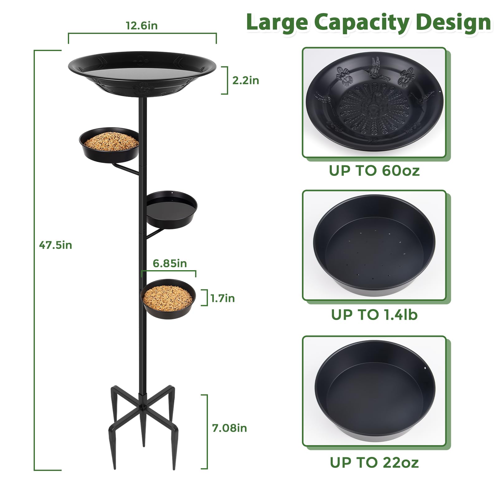 Large Capacity Design

- 12.6in
- 2.2in
- UP TO 60oz
- 47.5in
- 6.85in
- 1.7in
- UP TO 1.4lb
- 7.08in
- UP TO 22oz