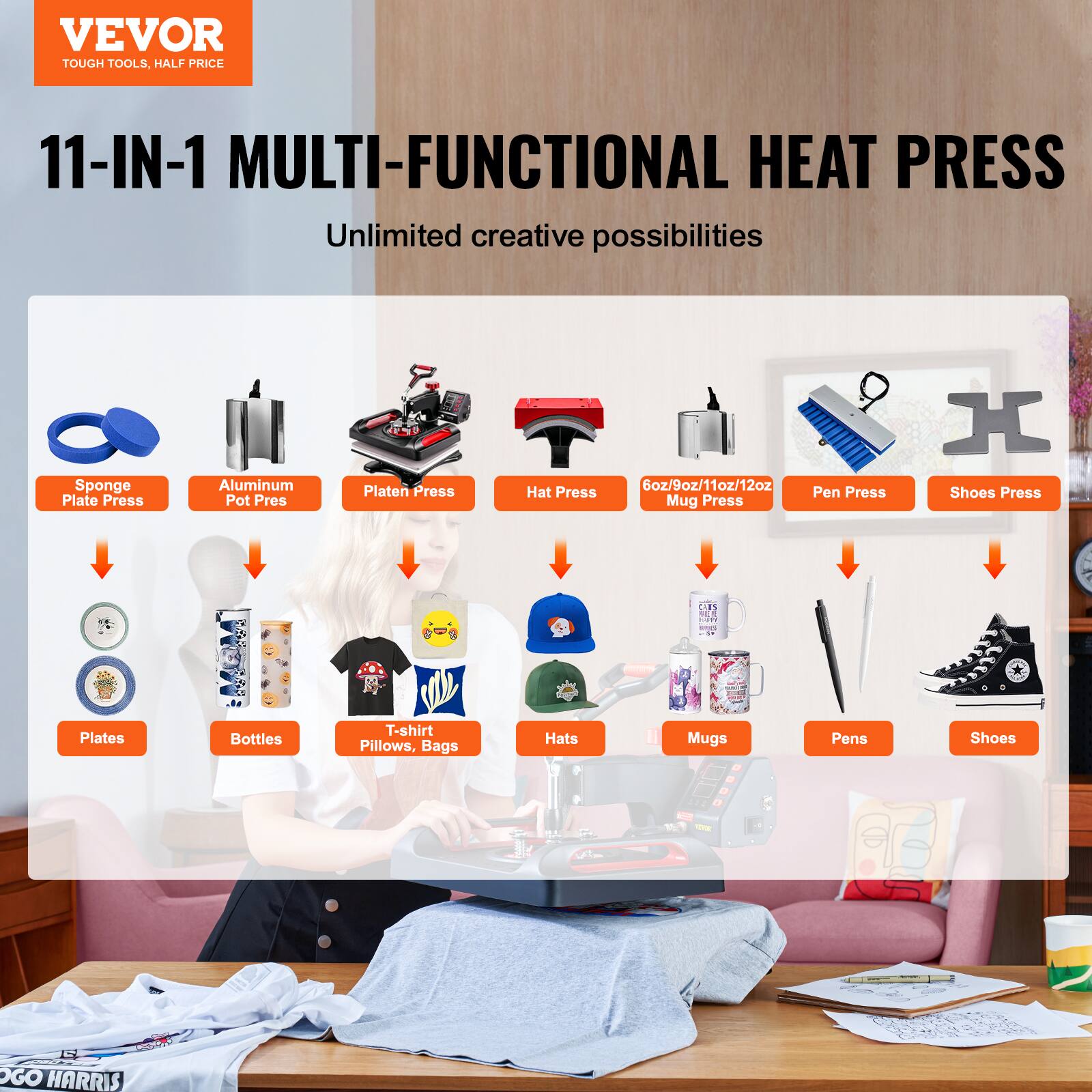 VEVOR TOUGH TOOLS, HALF PRICE

11-IN-1 MULTI-FUNCTIONAL HEAT PRESS
Unlimited creative possibilities

Sponge Plate Press
Aluminum Pot Press
Platen Press
Hat Press
6oz/9oz/11oz/12oz Mug Press
Pen Press
Shoes Press

Plates
Bottles
T-shirt Pillows, Bags
Hats
Mugs
Pens
Shoes

Gat
OGO HARRIS
