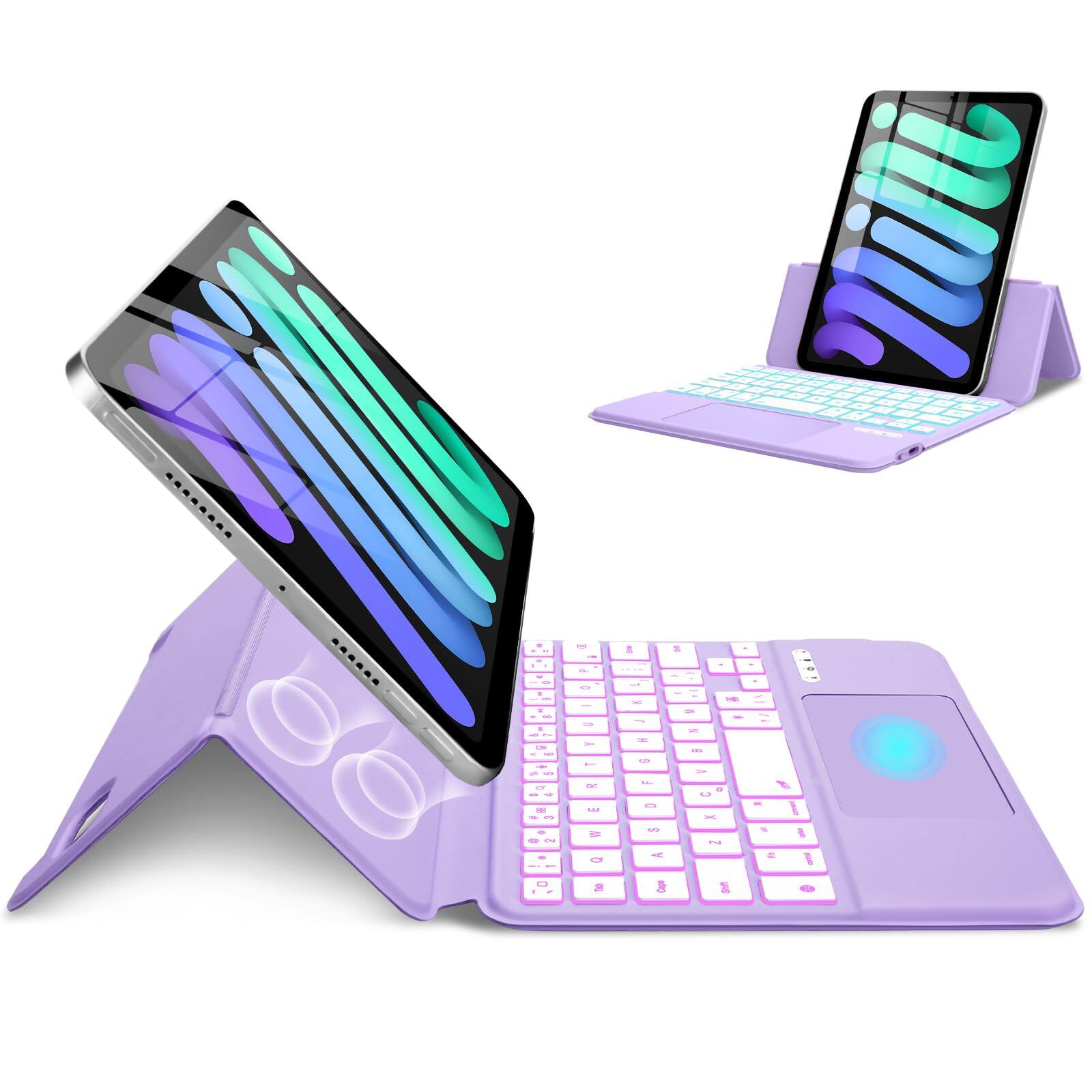 The text in the image appears to be a mix of letters and symbols that are not clearly legible. However, based on the context and the image, it seems to be related to a product description or advertisement for a portable keyboard and stand. Here is a possible interpretation and correction:

---

**Portable Keyboard and Stand**

**Features:**
- Lightweight and compact design
- Wireless connectivity
- Ergonomic stand for comfortable viewing
- Compatible with smartphones and tablets
- Easy to use and portable

**Specifications:**
- Dimensions: [Insert dimensions]
- Battery life: [Insert battery life]
- Color: Purple

**Included:**
- Wireless keyboard
- Adjustable stand

**Ideal for:**
- Travel
- Home office
- On-the-go typing

---

This is a general interpretation based on the context of the image. The exact text might vary, but this provides a coherent description of the product.