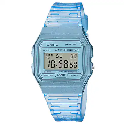 CASIO F-91W LIGHT ALARM CHRONOGRAPH
PM 30 10:58:50
ALARM ON-OFF/24HR
WATER WR RESIST