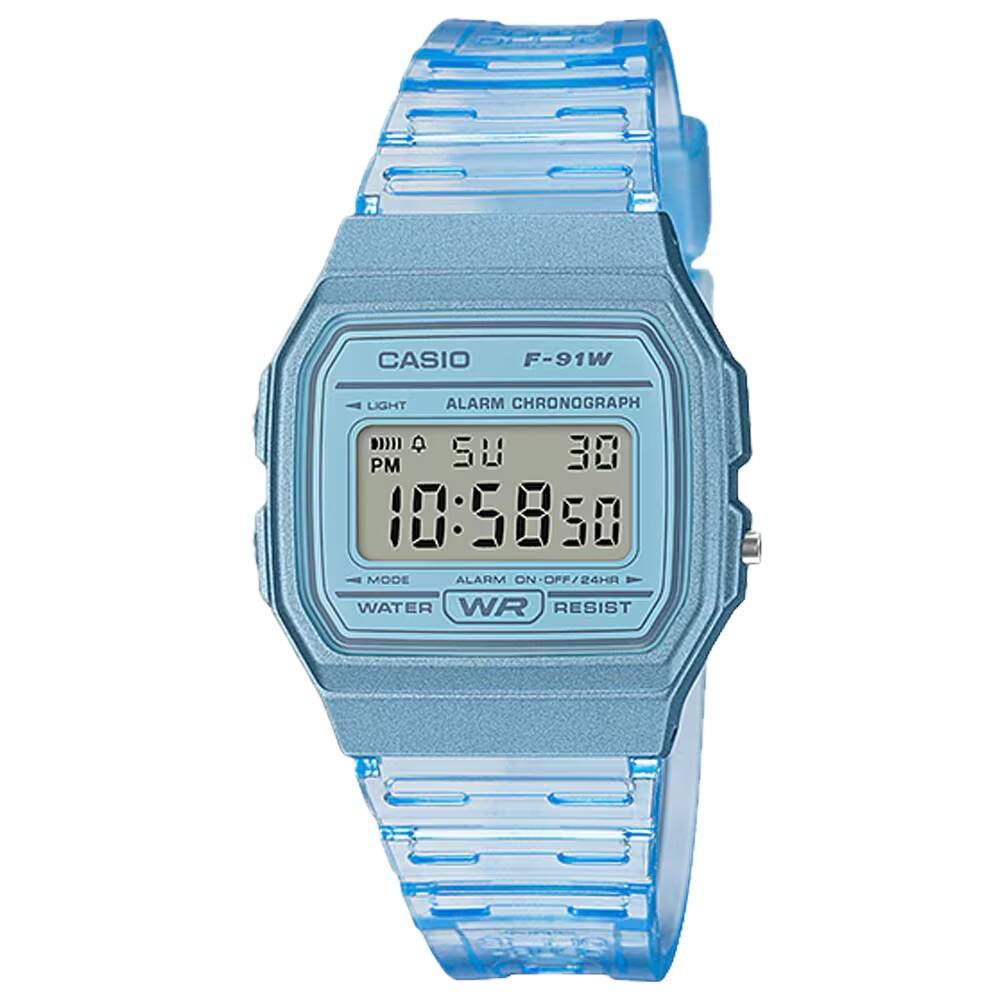 CASIO F-91W LIGHT ALARM CHRONOGRAPH  
PM 30 10:58:50  
ALARM ON-OFF/24HR  
WATER WR RESIST