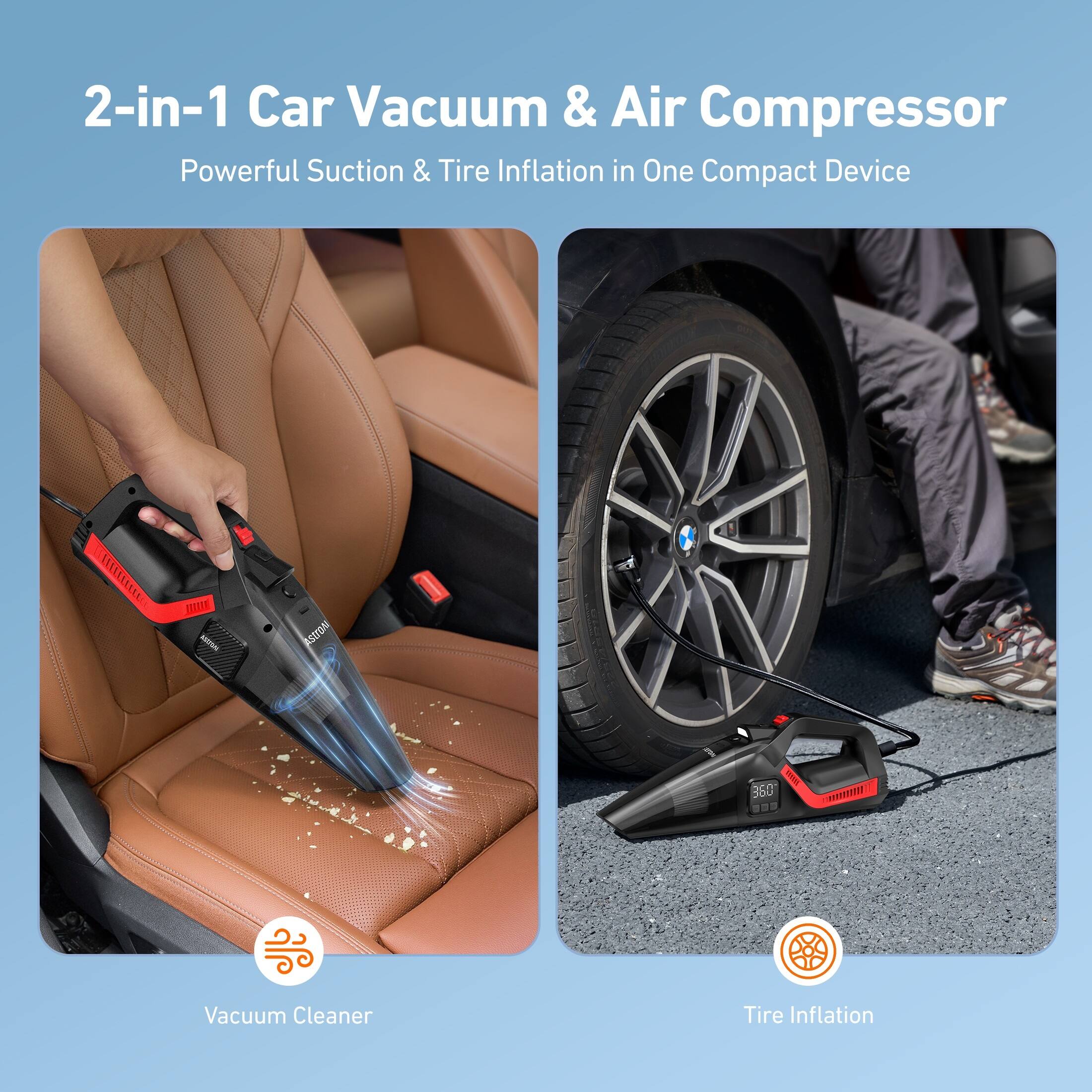 2-in-1 Car Vacuum & Air Compressor  
Powerful Suction & Tire Inflation in One Compact Device  

Vacuum Cleaner  
Tire Inflation