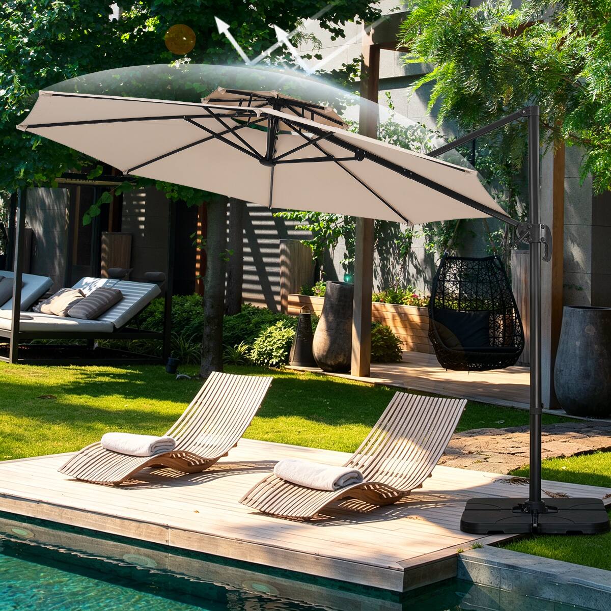 Angle. Ainfox - Ainfox 10FT Double Top Cantilever Patio Umbrella with Cross Base,Offset Hanging with Tilt Adjustment & 360 Rotation - Khaki.