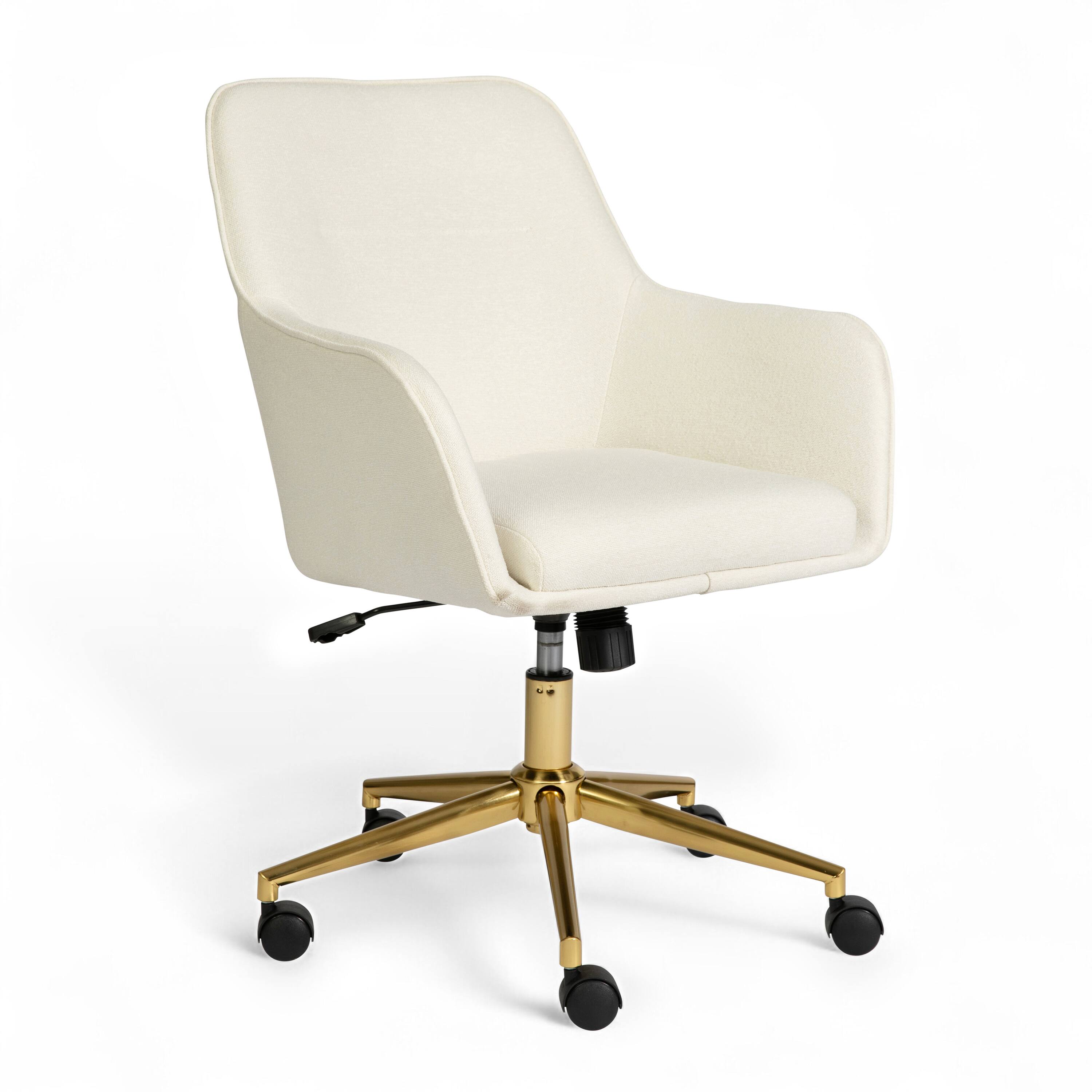 Front. Martha Stewart - Rayna Upholstered Swivel Home Office Chair with Flared Arms - Off White Fabric/Polished Brass Frame.