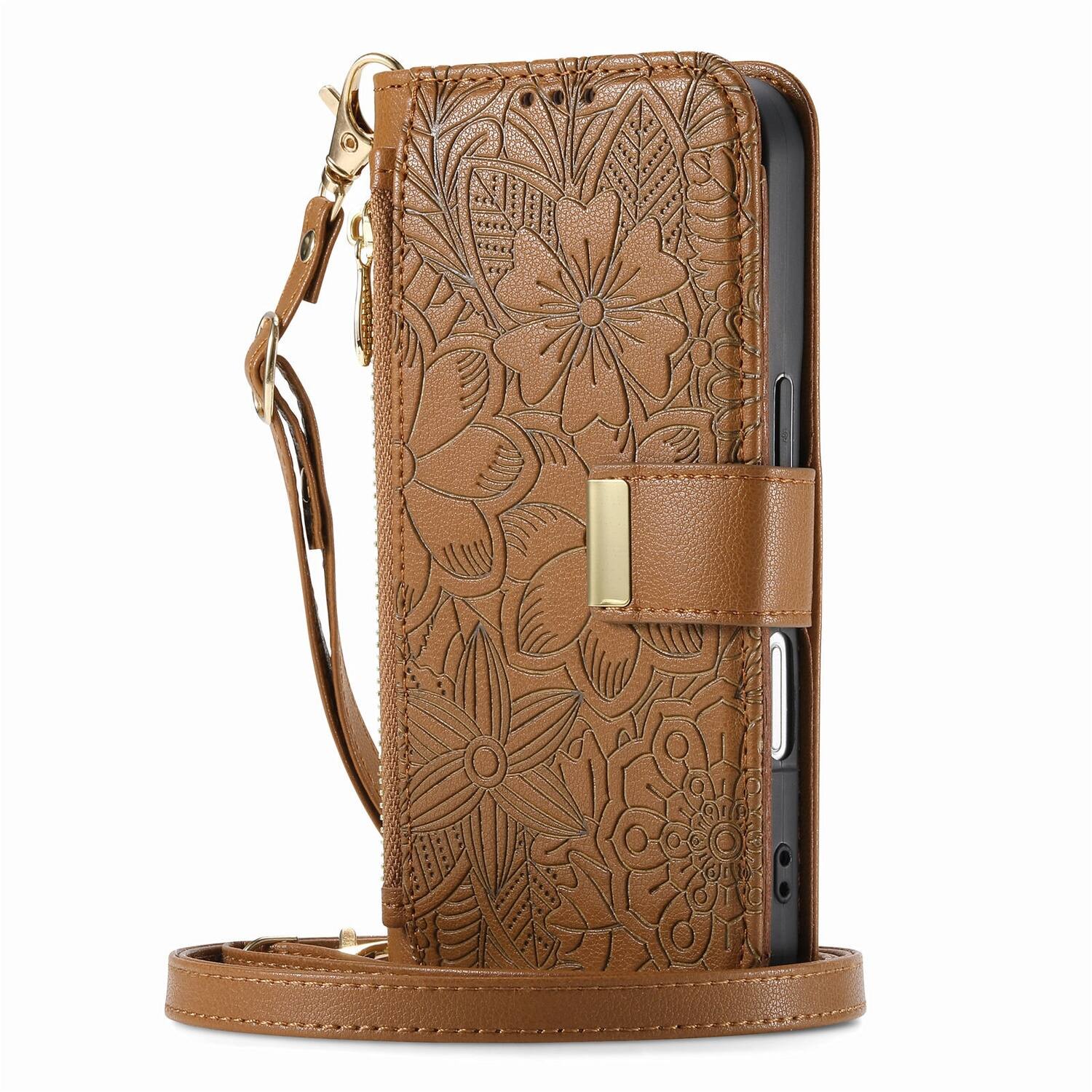 Alt View 1. Dteck - Floral Embossed Leather Zipper Cash Slot Wallet Case for Apple iPhone 16 Plus with Detachable Strap - Brown.