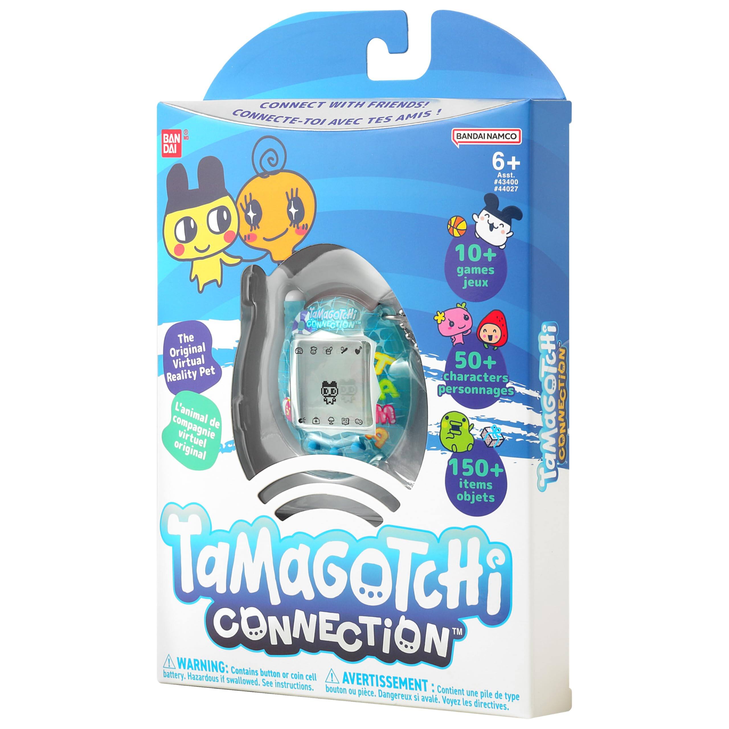 BANDAI CONNECT WITH FRIENDS! AMIS! CONNECTE-TOI AVEC TES BANDAI NAMCO 6+ Asst 43400 #4402 10+ games jeux TaMaGOTHi CONNECTION The Original 50+ Virtual Reality Pet characters DD personnages compagnie original L'animal virtuel de KAMe TaMaGeTcH CONNECTION 150+ items objets TaMaGOTcHi CONNECTION WARNING: Contains button battery. Hazardous if swallowed. M coin tell See instructions. bouton AVERTISSEMENT: Ou piice. : Contient une Dangereux  aval. pile de type Voyez les directives.