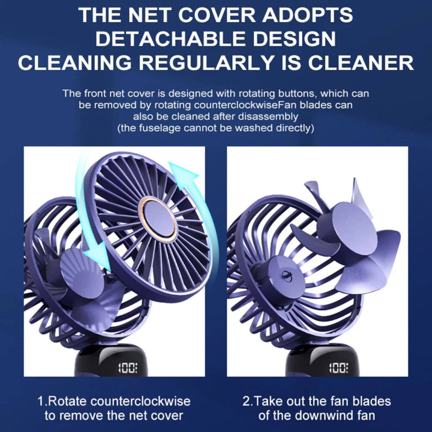 **THE NET COVER ADOPTS DETACHABLE DESIGN CLEANING REGULARLY IS CLEANER**

The front net cover is designed with rotating buttons, which can be removed by rotating counterclockwise. Fan blades can also be cleaned after disassembly (the fuselage cannot be washed directly).

1. Rotate counterclockwise to remove the net cover
2. Take out the fan blades of the downwind fan
