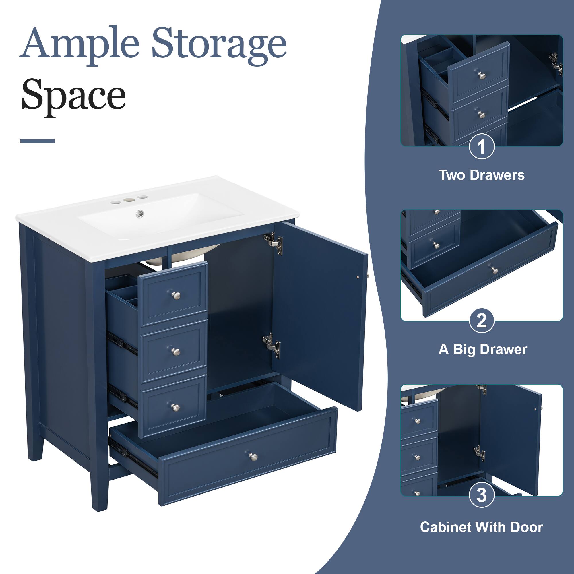 Ample Storage Space

1. Two Drawers
2. A Big Drawer
3. Cabinet With Door