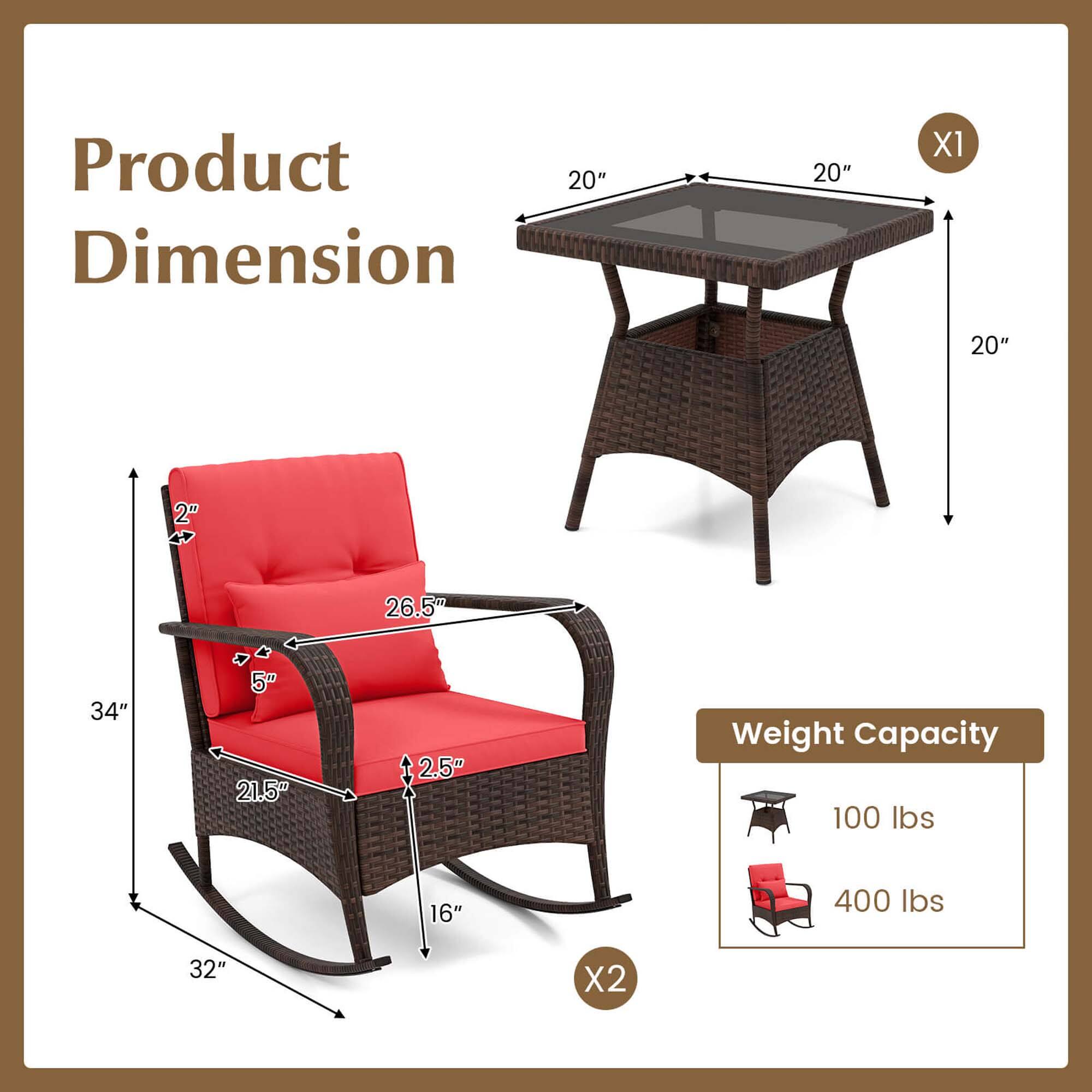 Product Dimension  
- Table: 20" x 20" x 20"  
- Chair: 34" x 21.5" x 26.5" x 32"  
- Weight Capacity:  
  - Table: 100 lbs  
  - Chair: 400 lbs