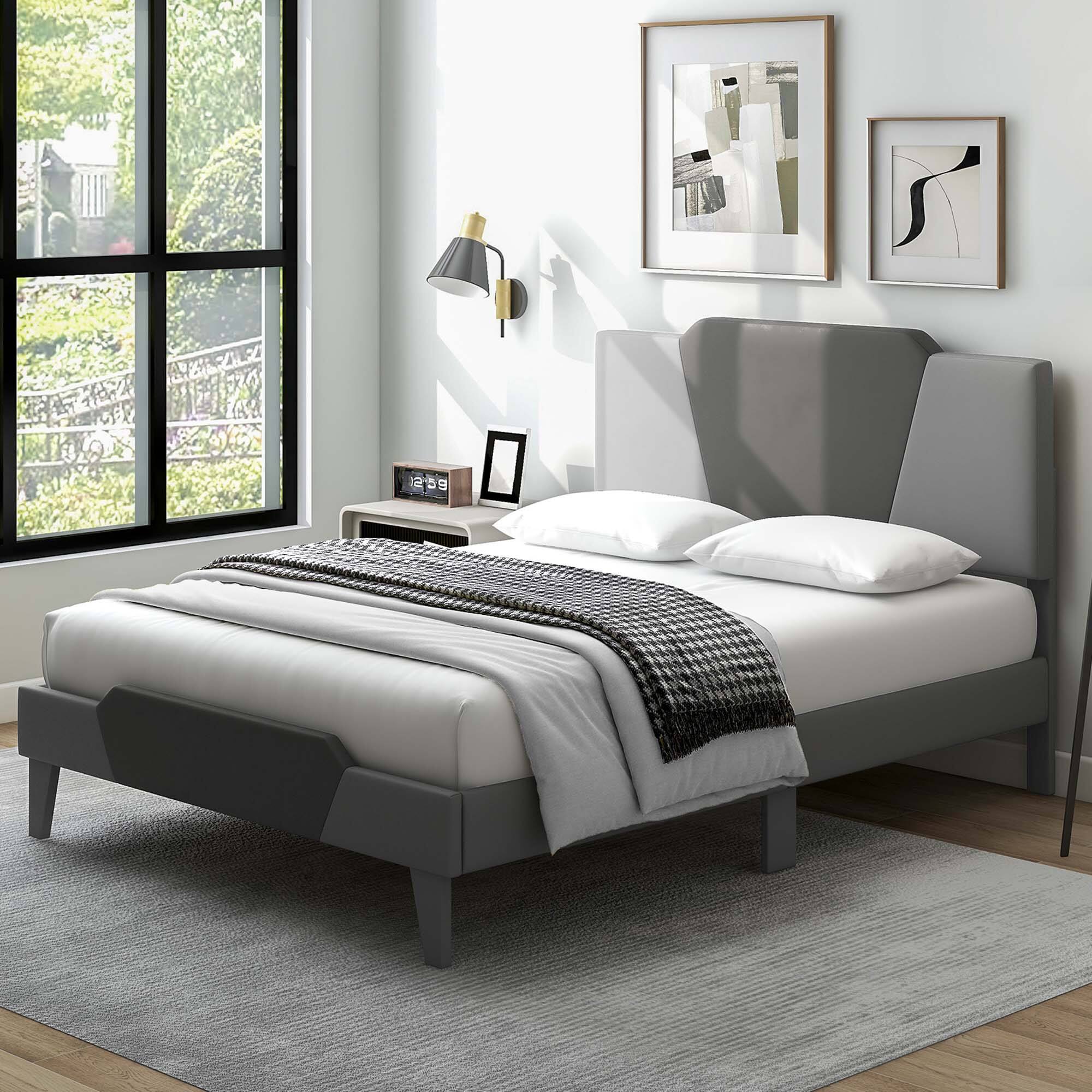 Alt View 1. Costway - Costway Full Size Upholstered Platform Bed Frame Velvet Headboard Mattress Foundation - Gray.