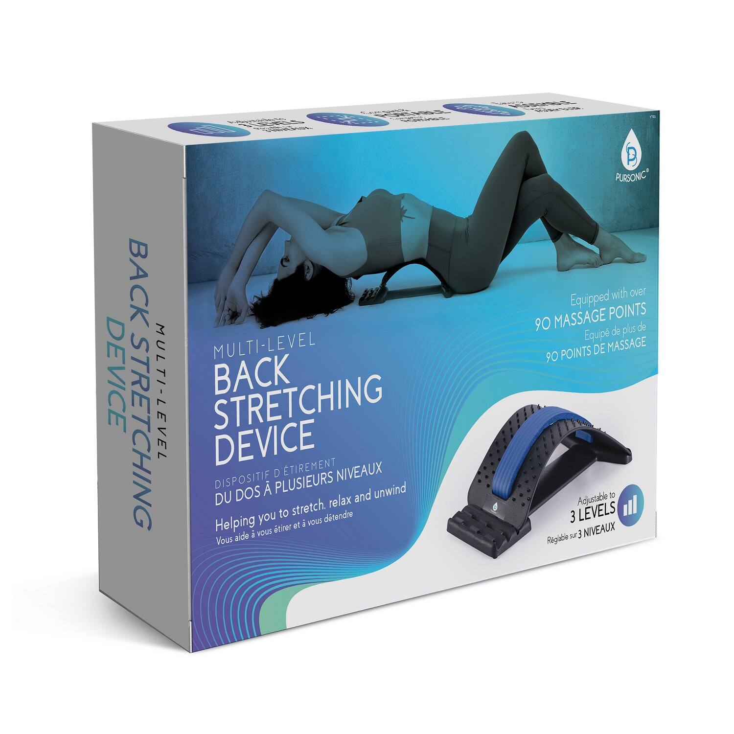 - BACK MULTI-LEVEL DEVICE MULTI-LEVEL BACK STRETCHING DEVICE TIREMENT DISPOSITIF D'ÉTIREMENT DU DOS À PLUSIEURS NIVEAUX Helping you to stretch, relax and unwind. Vous aide à vous étirer et à vous détendre Equipped with over 90 MASSAGE POINTS Équipé de plus de 90 POINTS DE MASSAGE Adjustable to 3 LEVELS Réglable sur 3 NIVEAUX