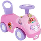 This is a pink toy car with a crown on top and stickers of princesses on it.