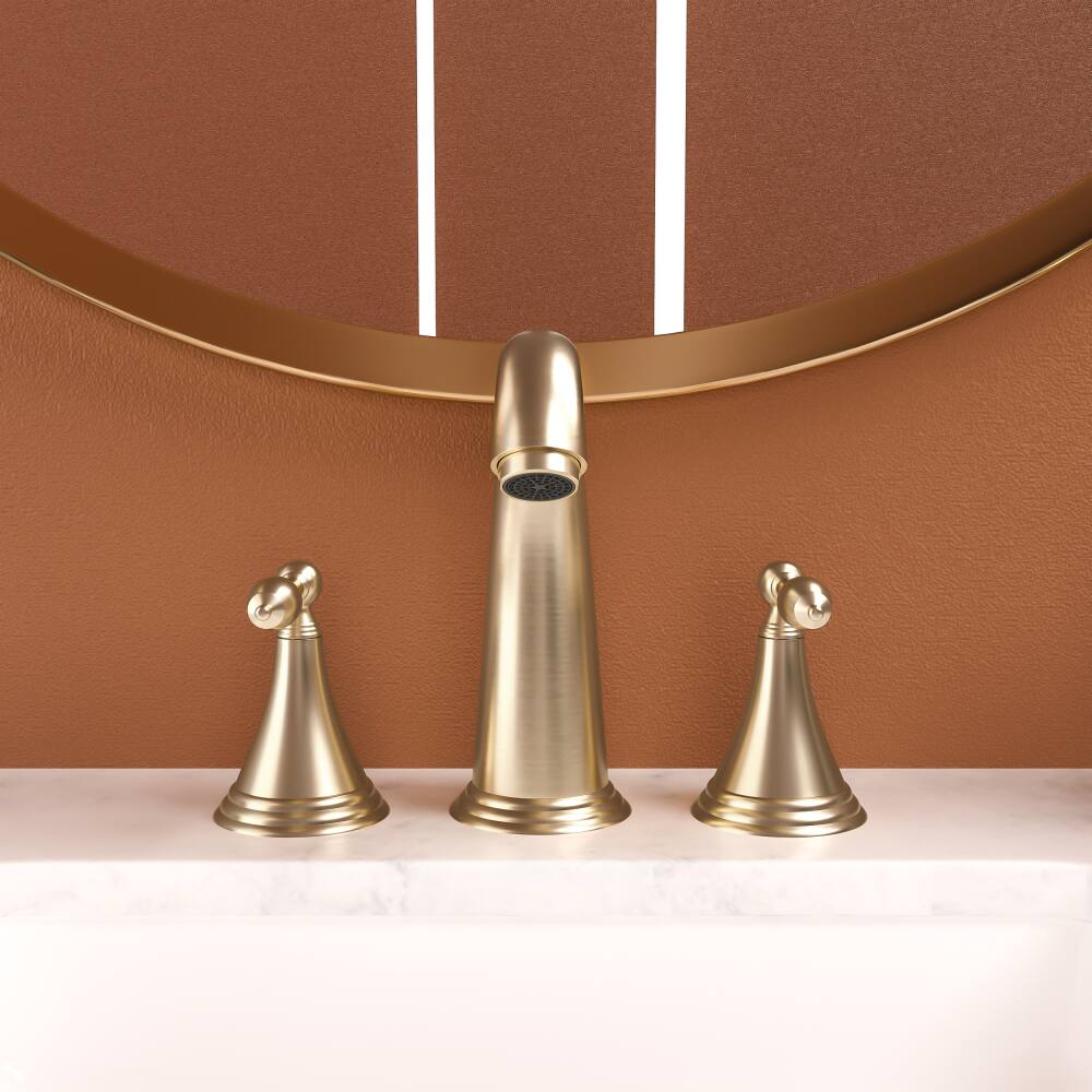 Angle. JUJABU - 2 Handle Widespread Bathroom Faucet 3 Hole with Pop Up Drain and 2 Water Supply Lines, Gold - Gold.