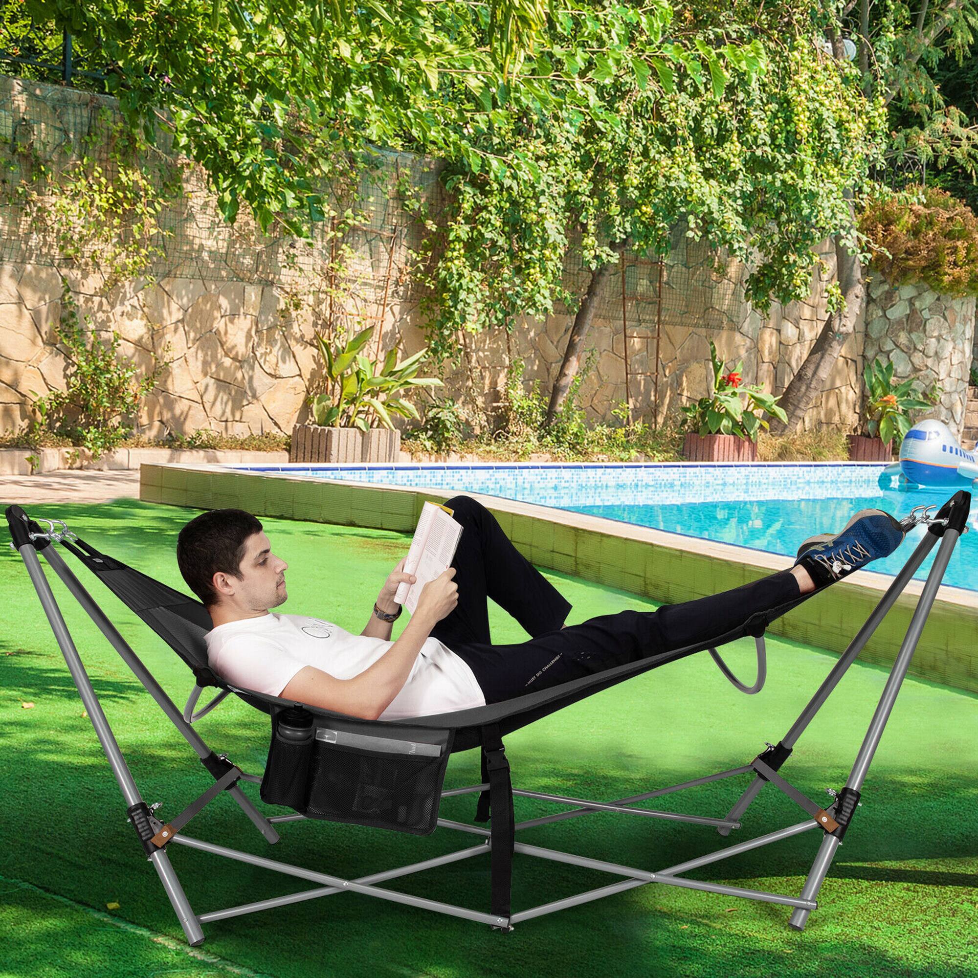 Alt View 1. Costway - Costway Folding Hammock Indoor & Outdoor Hammock with Side Pocket & Iron Stand - Grey.