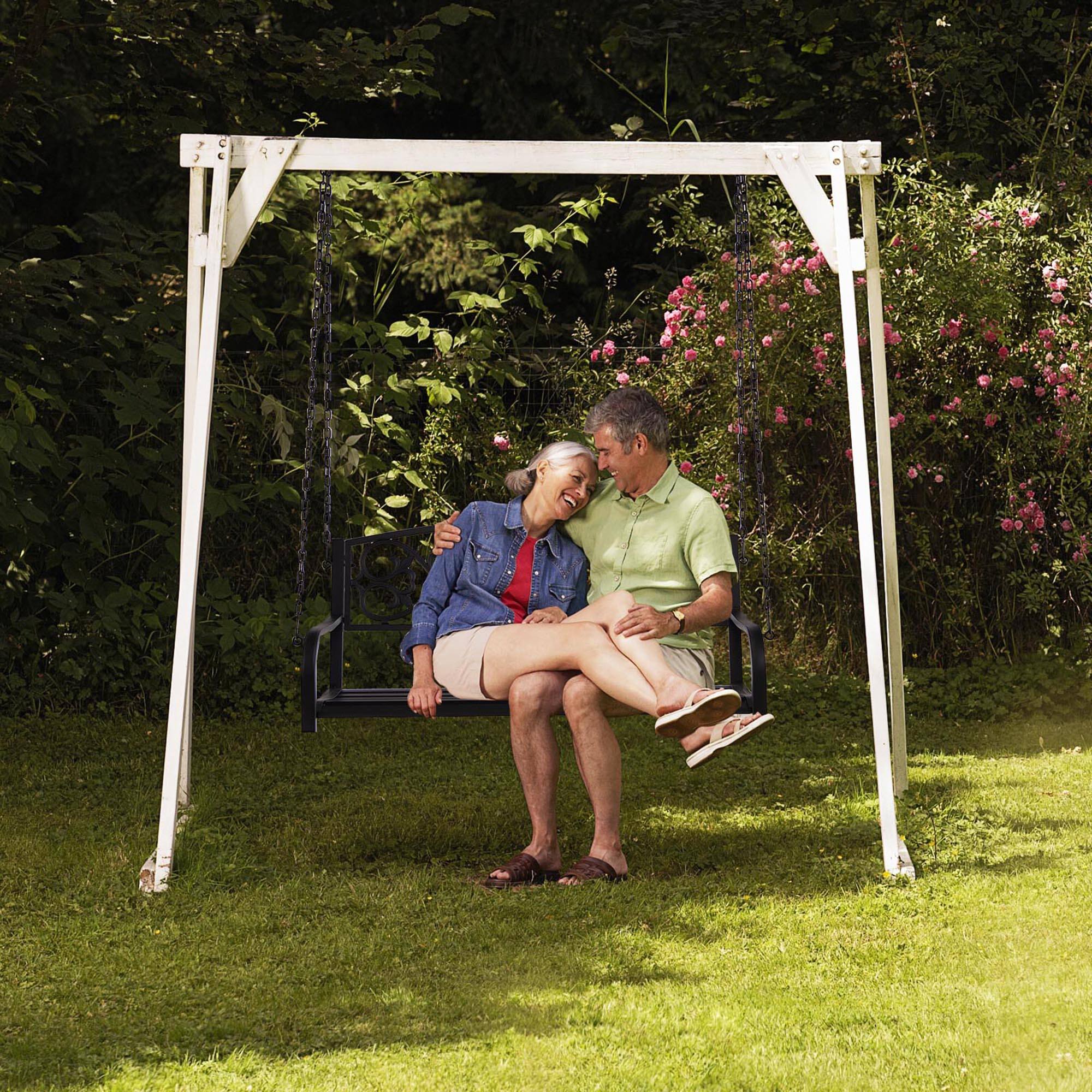Alt View 3. Gymax - Gymax Patio Hanging Porch Swing 2-Person Outdoor Metal Swing Bench Chair w/ Chains Brown - Brown.