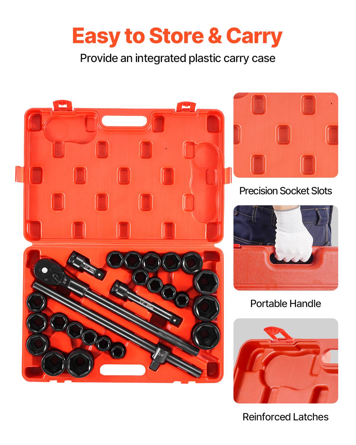 Easy to Store & Carry, Provide an integrated plastic carry case, Precision Socket Slots, Portable Handle, Reinforced Latches