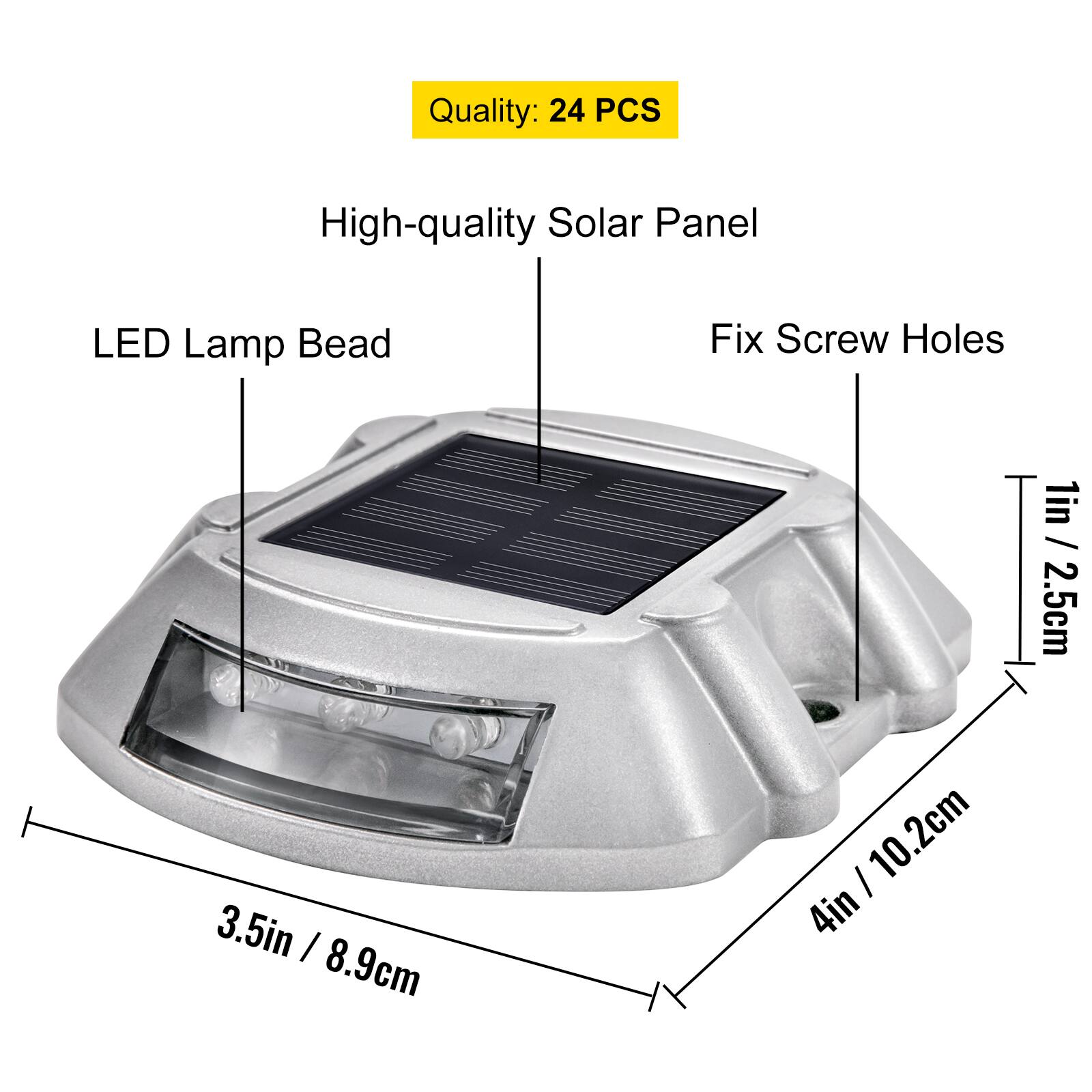 Quality: 24 PCS

High-quality Solar Panel

LED Lamp Bead

Fix Screw Holes

1in / 2.5cm

3.5in / 8.9cm

4in / 10.2cm