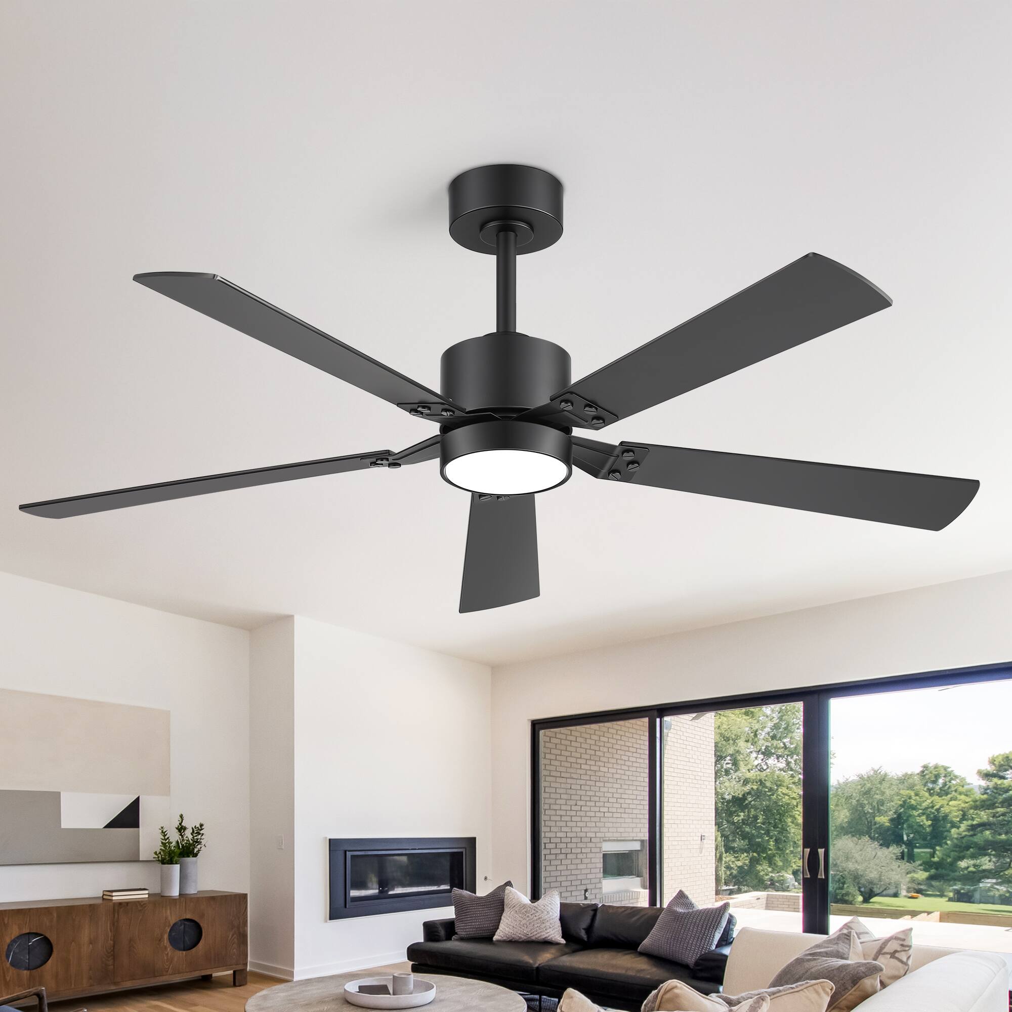 Left. Breezary - 52-Inch Ceiling Fan with Acrylic Light Shade, RGB LED Light, 6-Speed Remote Control, Timer, Downrod Mount - Black and Walnut.