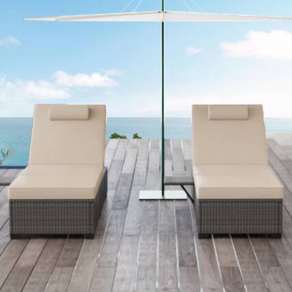 Front. Acekool - Outdoor Lounge Chairs Set of 2, 5-Position Adjustable Recliner, PE Wicker Rattan, Cushioned Patio Recliners, Beige - Beige.