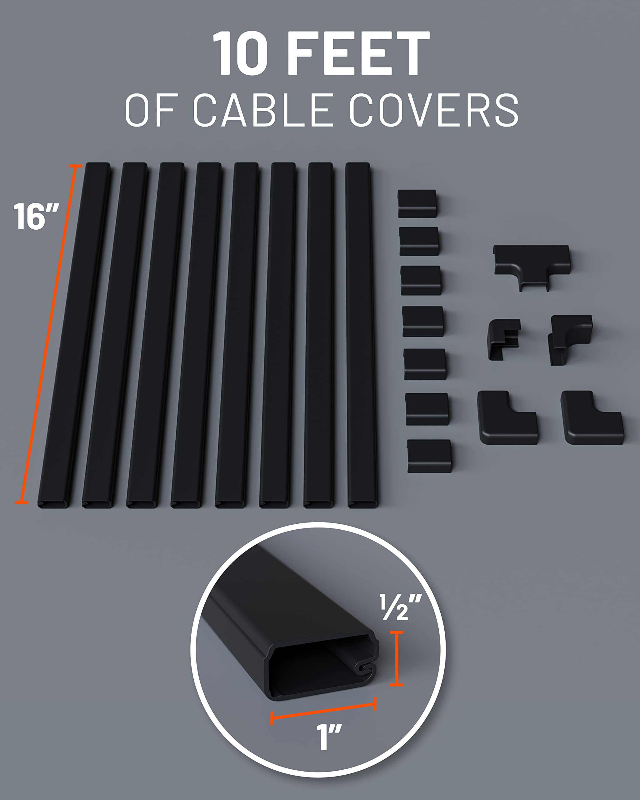 10 feet of cable covers, 16" long, 1" wide, and 1/2" high.