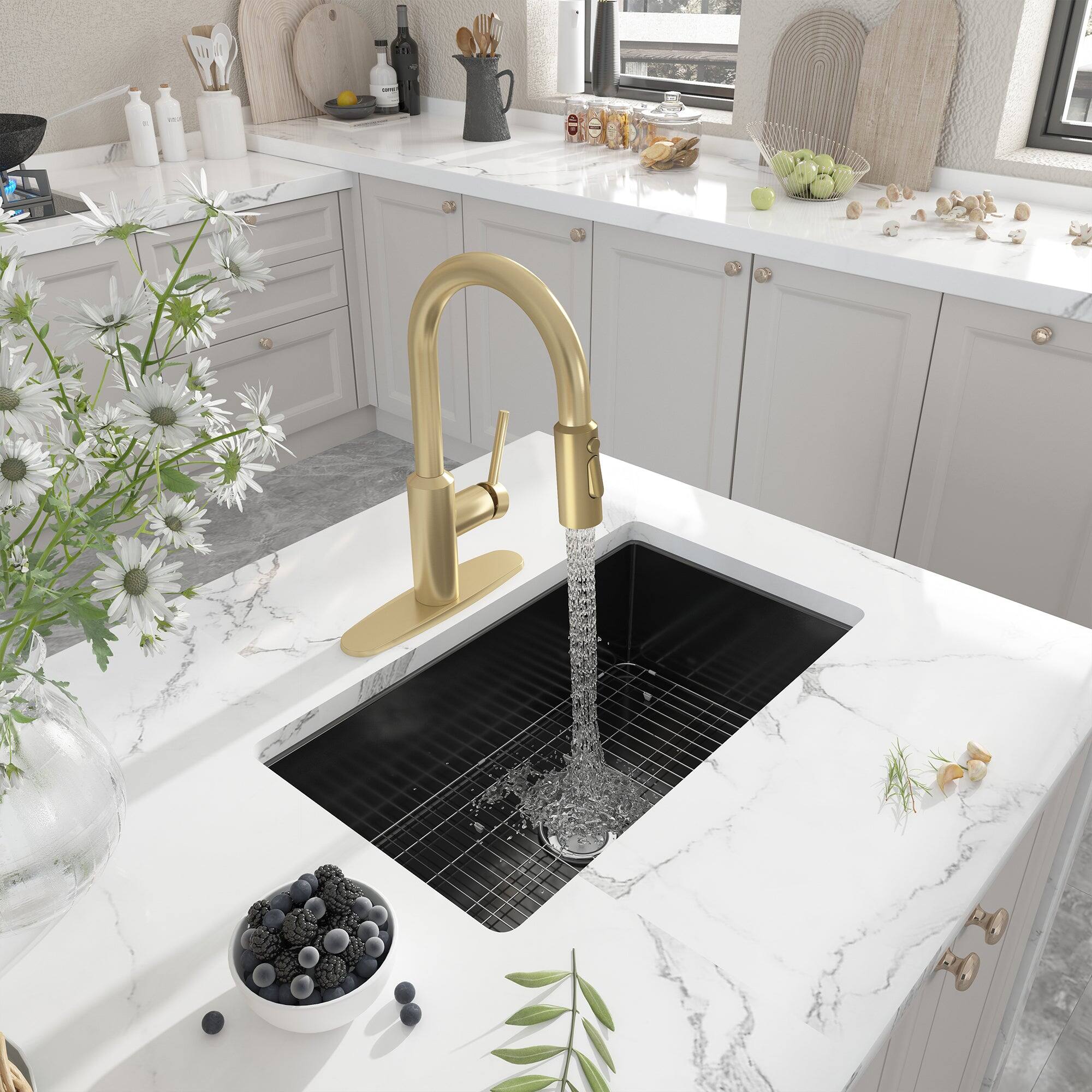 Alt View 4. Boyel Living - 3-Spray Patterns 1.8 GPM Single Handle Pull Down Sprayer Kitchen Faucet with Deckplate, Detachable Brush in Brushed Gold - Brushed Gold.