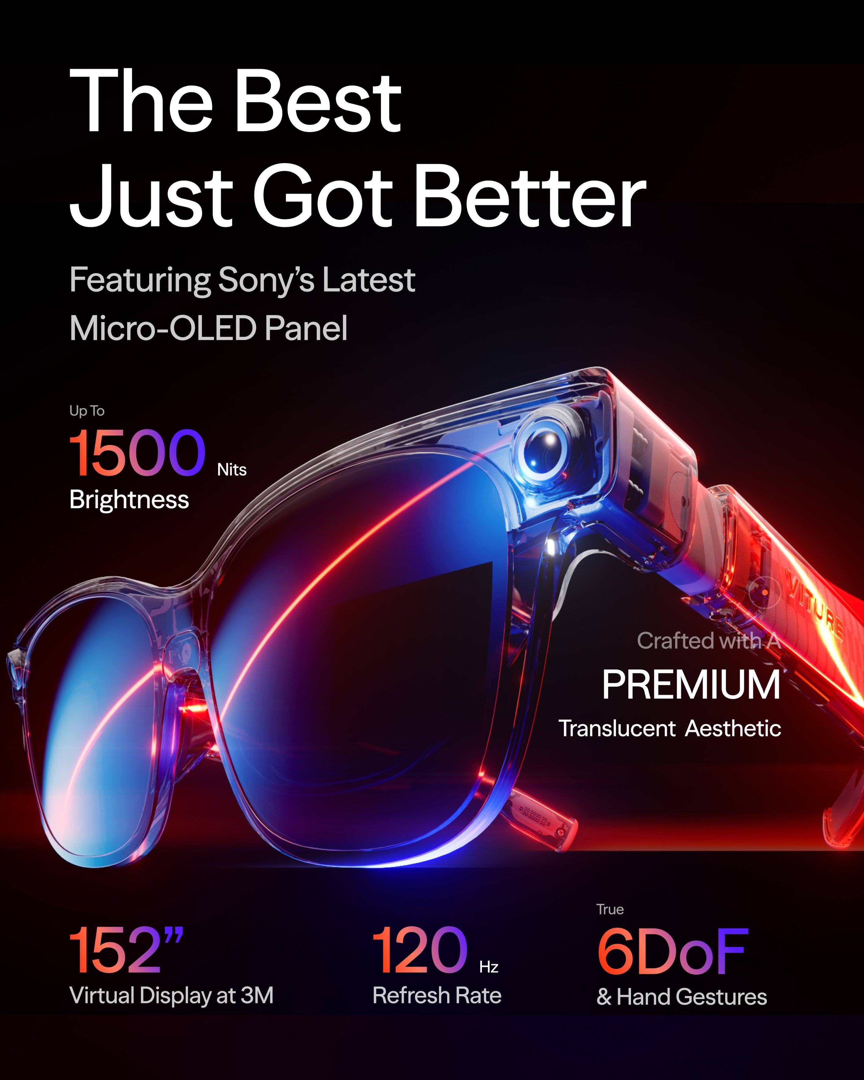 The Best Just Got Better  
Featuring Sony's Latest Micro-OLED Panel  
Up To 1500 Nits Brightness  
Crafted with A VITURE PREMIUM Translucent Aesthetic  
152" Virtual Display at 3M  
120 Hz Refresh Rate  
True 6DoF & Hand Gestures