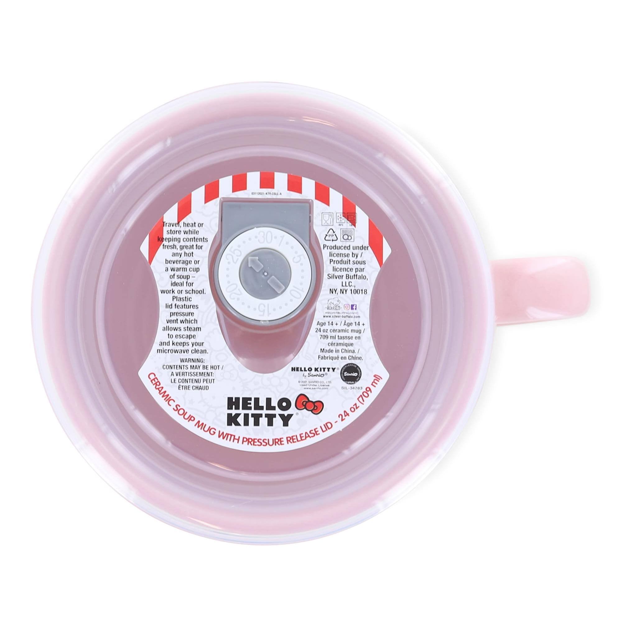HELLO KITTY  
CERAMIC MUG WITH PRESSURE RELEASE  
24 OZ (709 ml)  

CERAMIC MUG WITH PRESSURE RELEASE  
HELLO KITTY  

MADE IN CHINA  
LICENSED BY:  
HELLO KITTY PRODUCTIONS, INC.  
LICENSED BY:  
NYL L.L.C.  
BUFFALO, NY 14201  

WARNING:  
DO NOT OVERFILL.  
DO NOT USE IN MICROWAVE.  
DO NOT USE IN DISHWASHER.  
DO NOT USE IN OVEN.  

KEEP OUT OF REACH OF CHILDREN.  

FOR BEST RESULTS, DO NOT OVERFILL.  
DO NOT USE IN MICROWAVE.  
DO NOT USE IN DISHWASHER.  
DO NOT USE IN OVEN.  

FOR BEST RESULTS, DO NOT OVERFILL.  
DO NOT USE IN MICROWAVE.  
DO NOT USE IN DISHWASHER.  
DO NOT USE IN OVEN.  

20-30 SECONDS IN MICROWAVE.  
20-30 SECONDS IN MICROWAVE.  

20-30 SECONDS IN MICROWAVE.  

HELLO